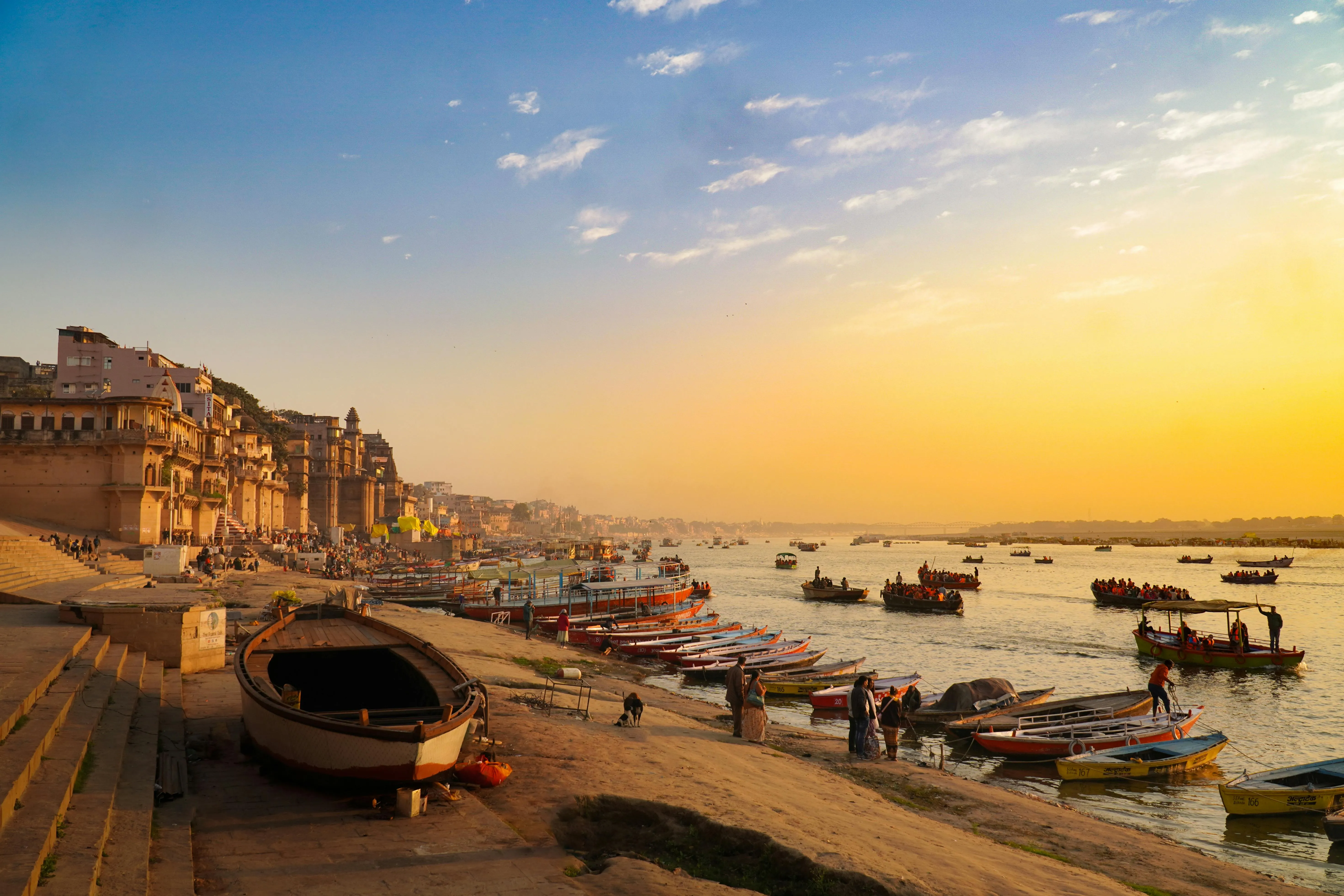 view of a ghat of varanasi during the dawn