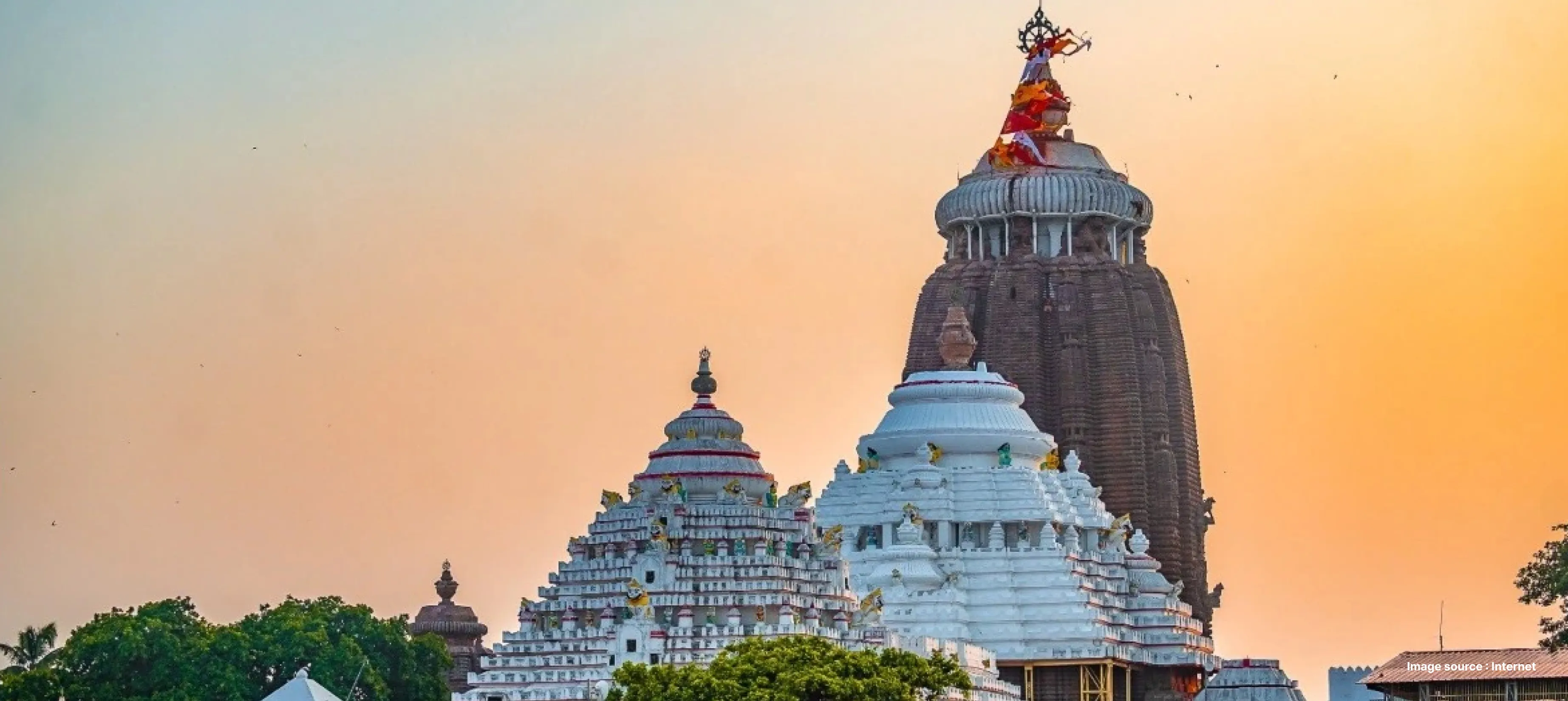 a sunset view of the sanctums of the Puri temple complex