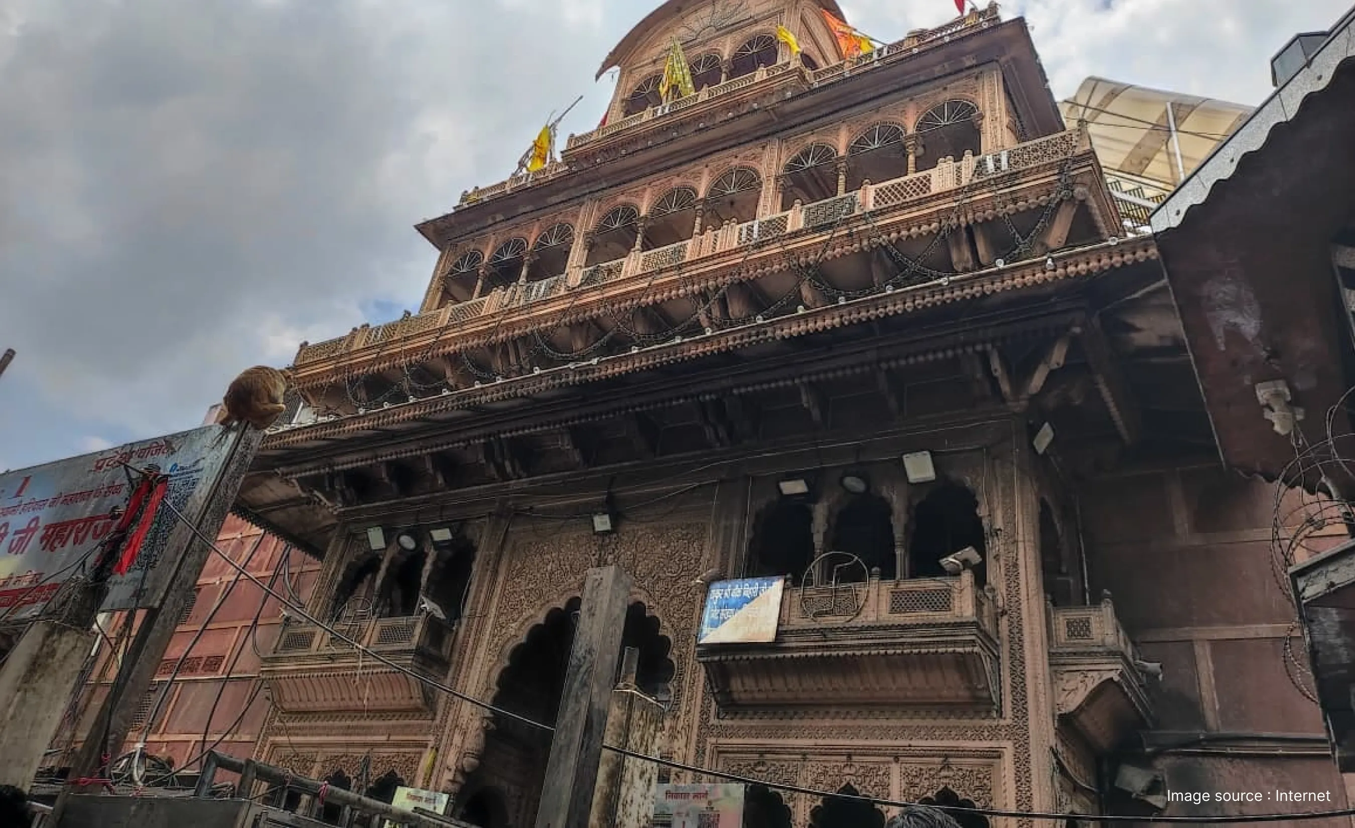 Exterior view of Banke Bihari Temple in Vrindavan, Uttar Pradesh, showcasing its multi-storey Rajasthani architecture, ornate carved balconies, arched windows, and traditional Hindu flags against a cloudy sky.