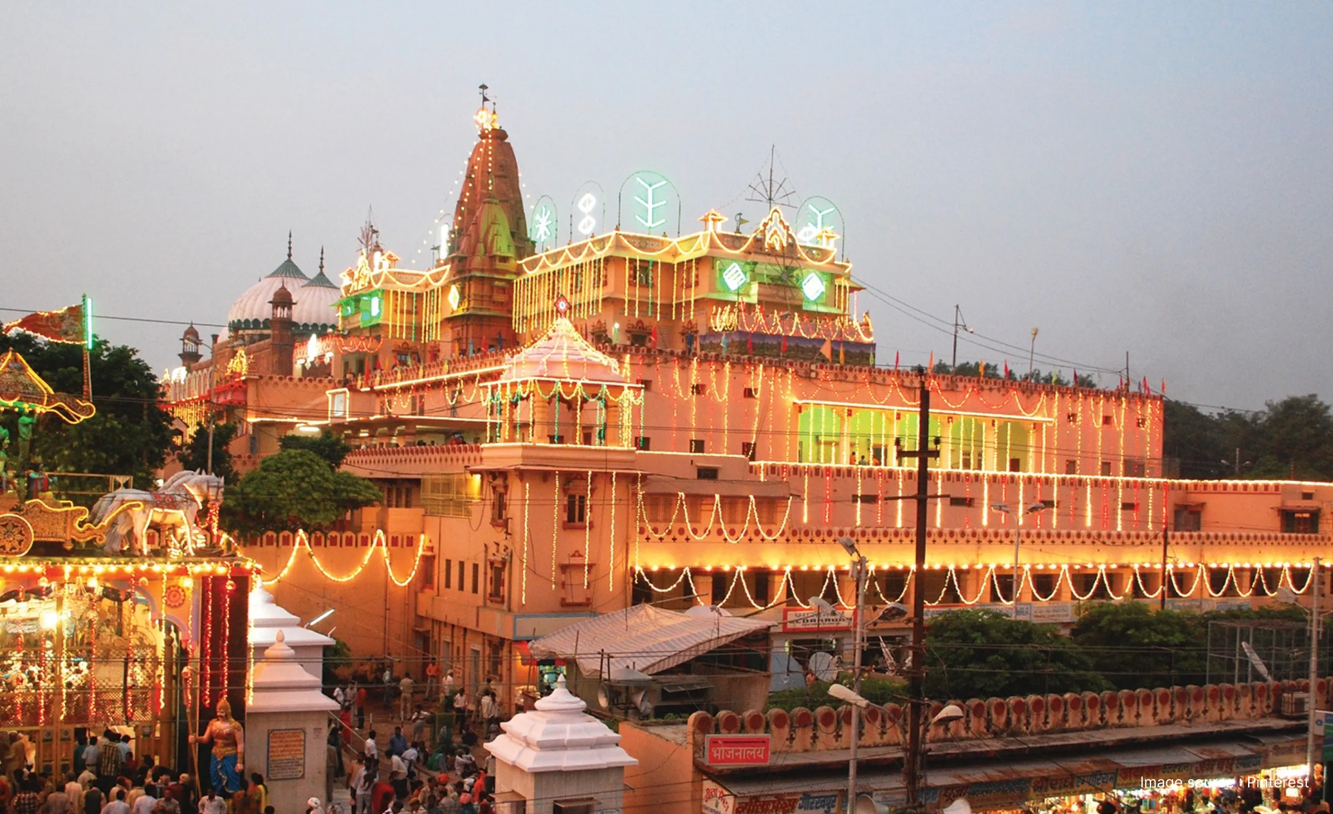 Night view of the illuminated Shri Krishna Janmasthan Temple complex decorated with festive lights in Mathura.
