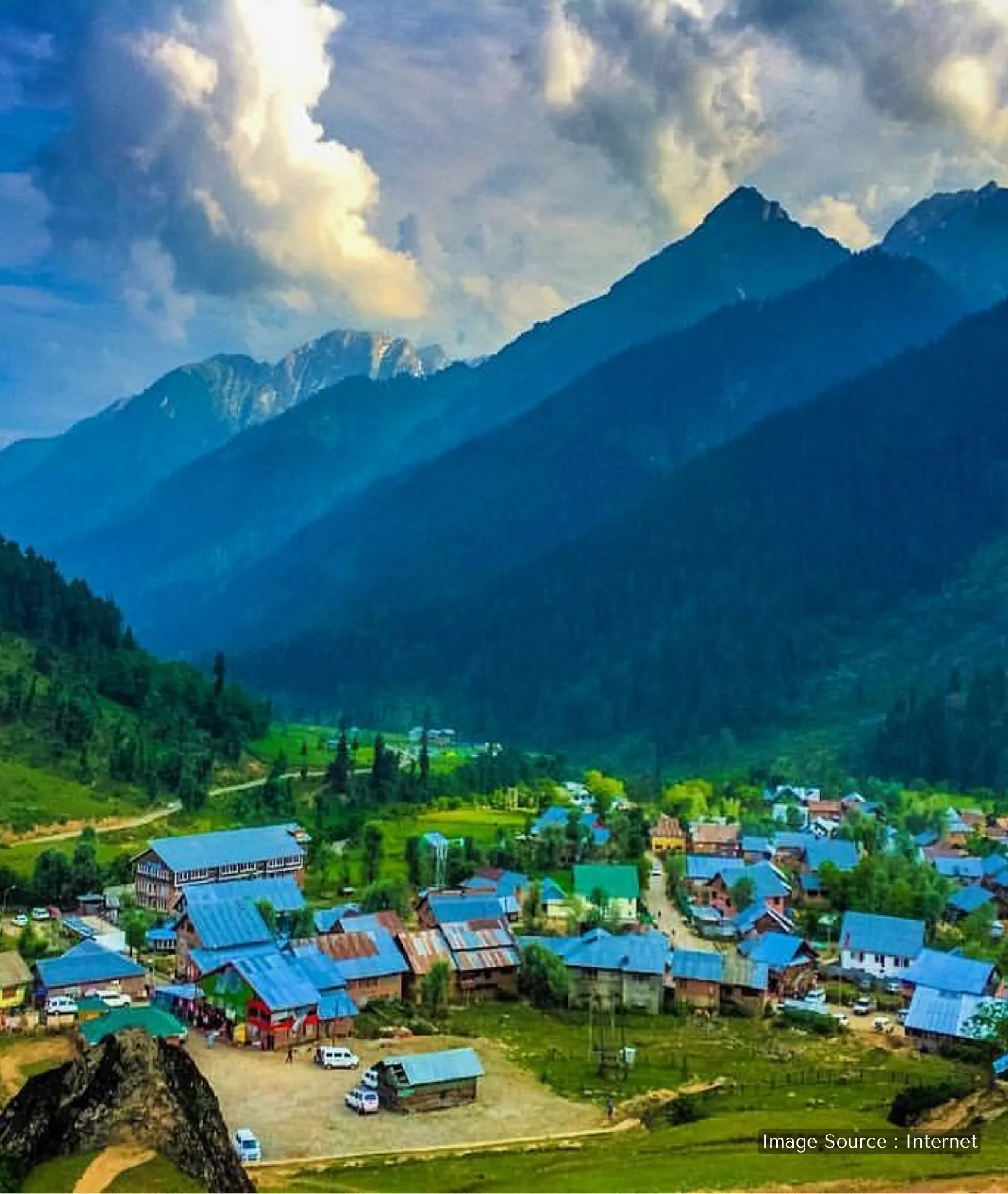 Scenic landscape of Aru Valley near Pahalgam, showing traditional wooden houses nestled in a green meadow surrounded by dense pine trees and mountains.