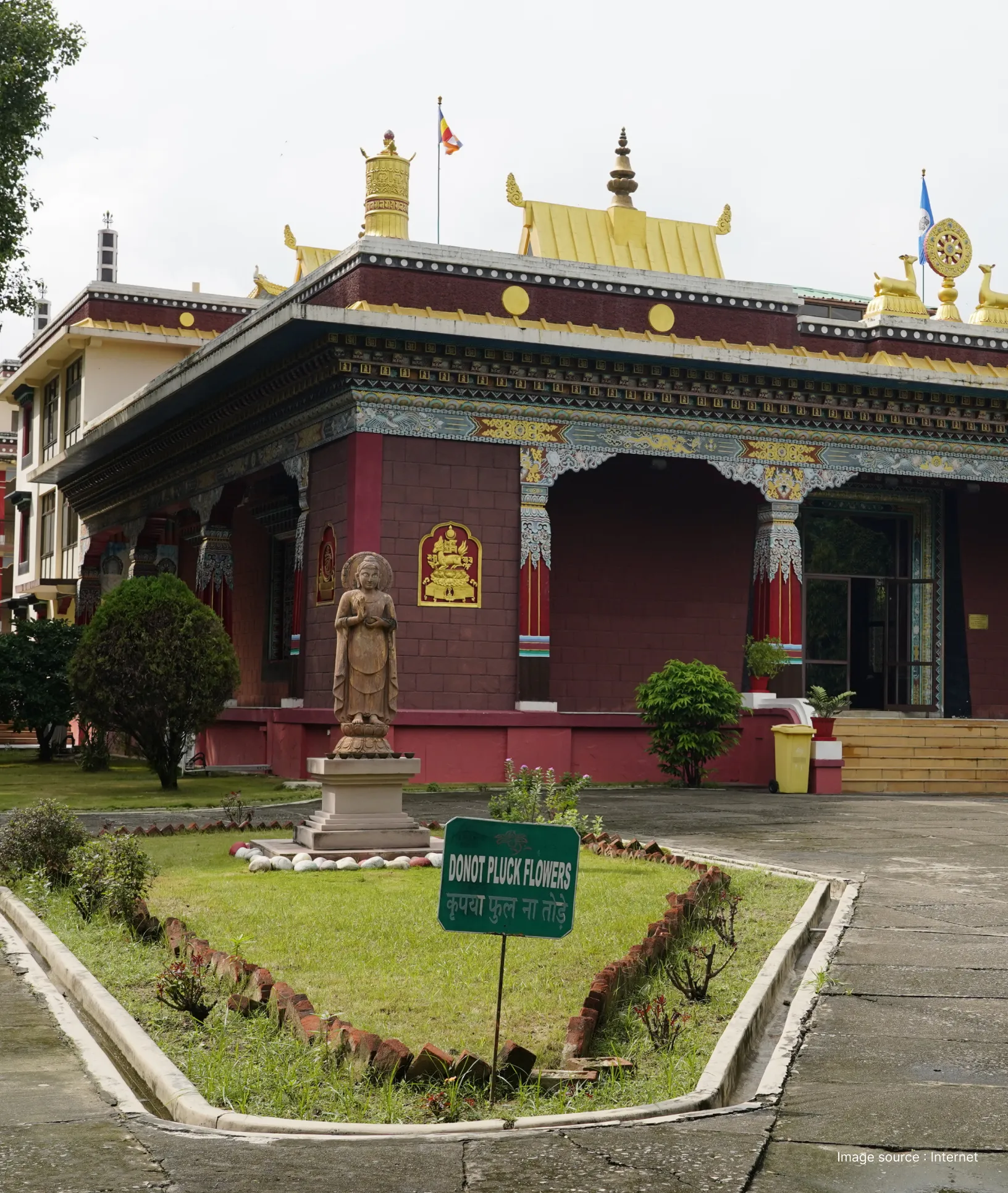 Shechen Monastery in Bodh Gaya showcasing traditional Tibetan Buddhist architecture and prayer halls