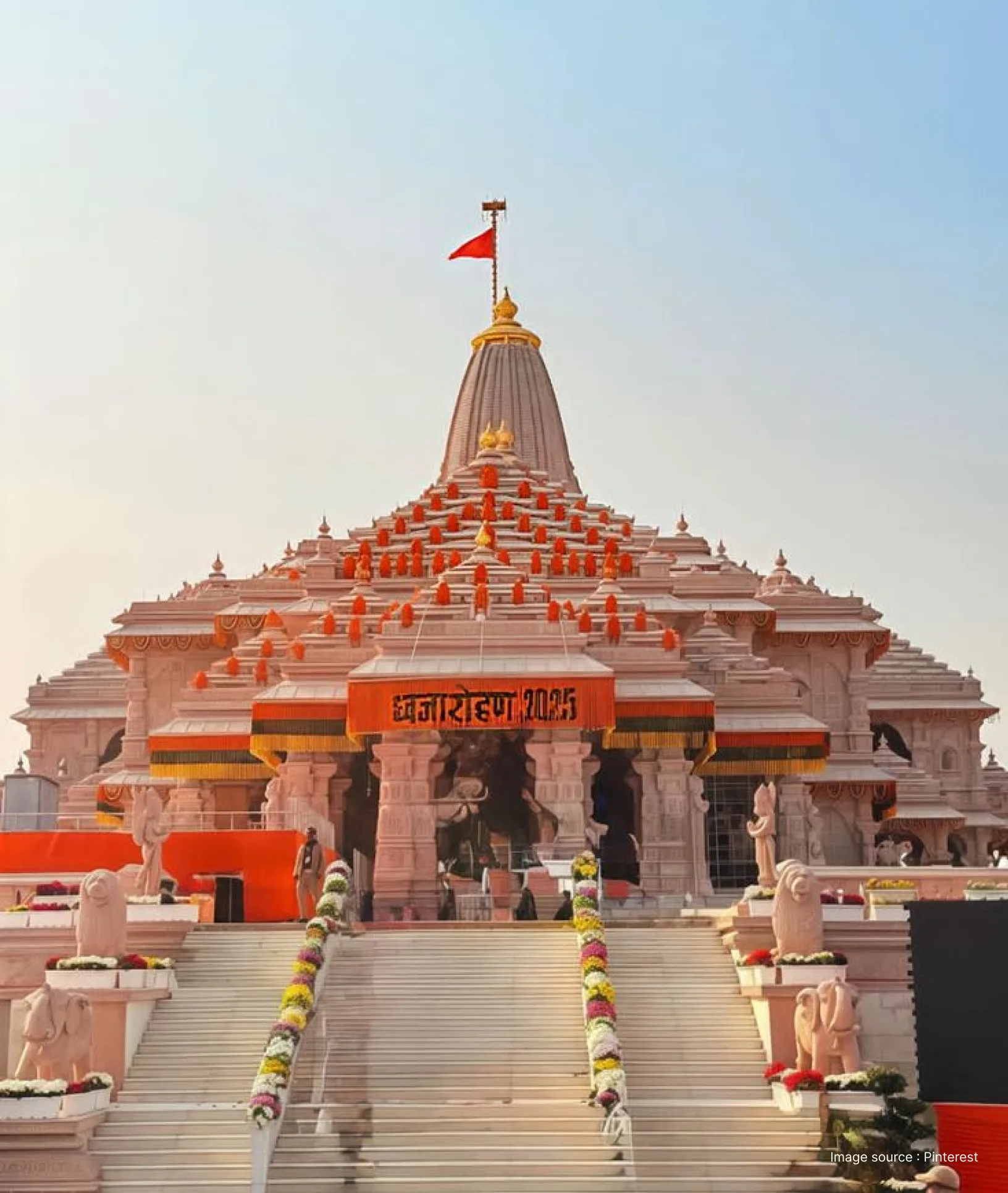 Ram Mandir in Ayodhya adorned with traditional Hindu carvings and saffron flags, showcasing the grand temple dedicated to Lord Ram