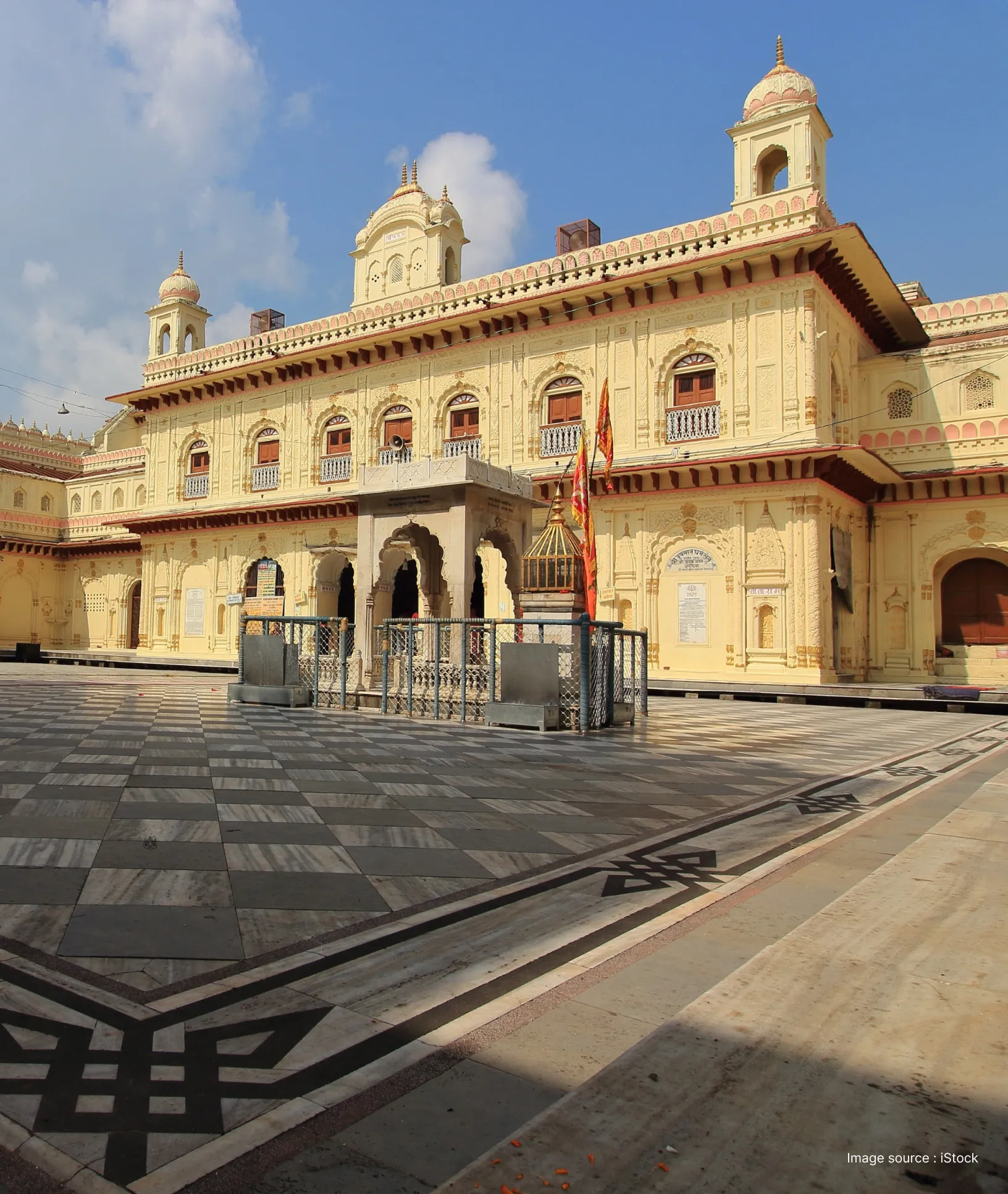 Kanak Bhawan temple in Ayodhya, an elegant Hindu shrine dedicated to Lord Ram and Goddess Sita, showcasing ornate Rajasthani-style architecture