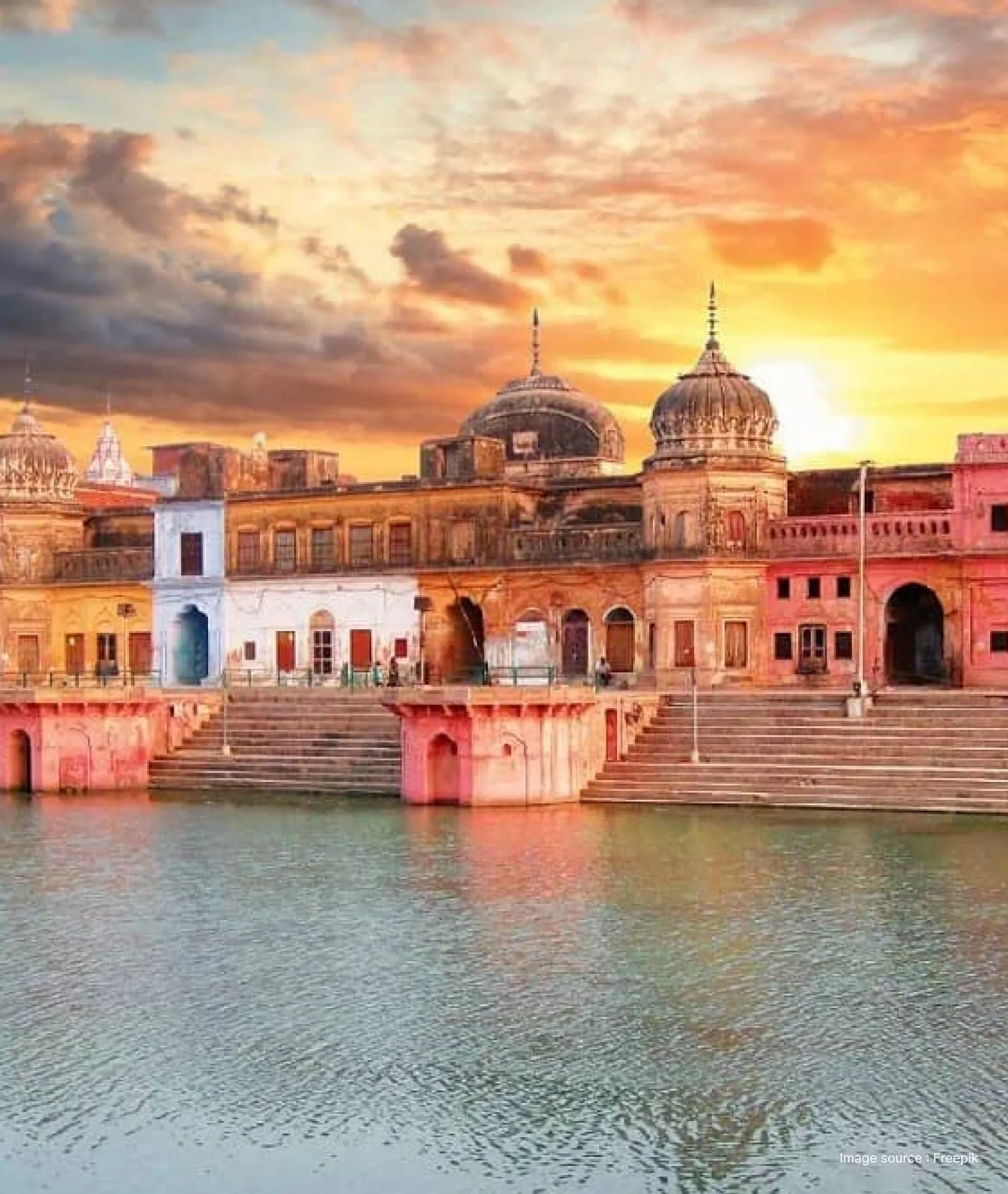 Saryu Ghat in Ayodhya at sunset, featuring historic riverside temples and ghats along the sacred Sarayu River