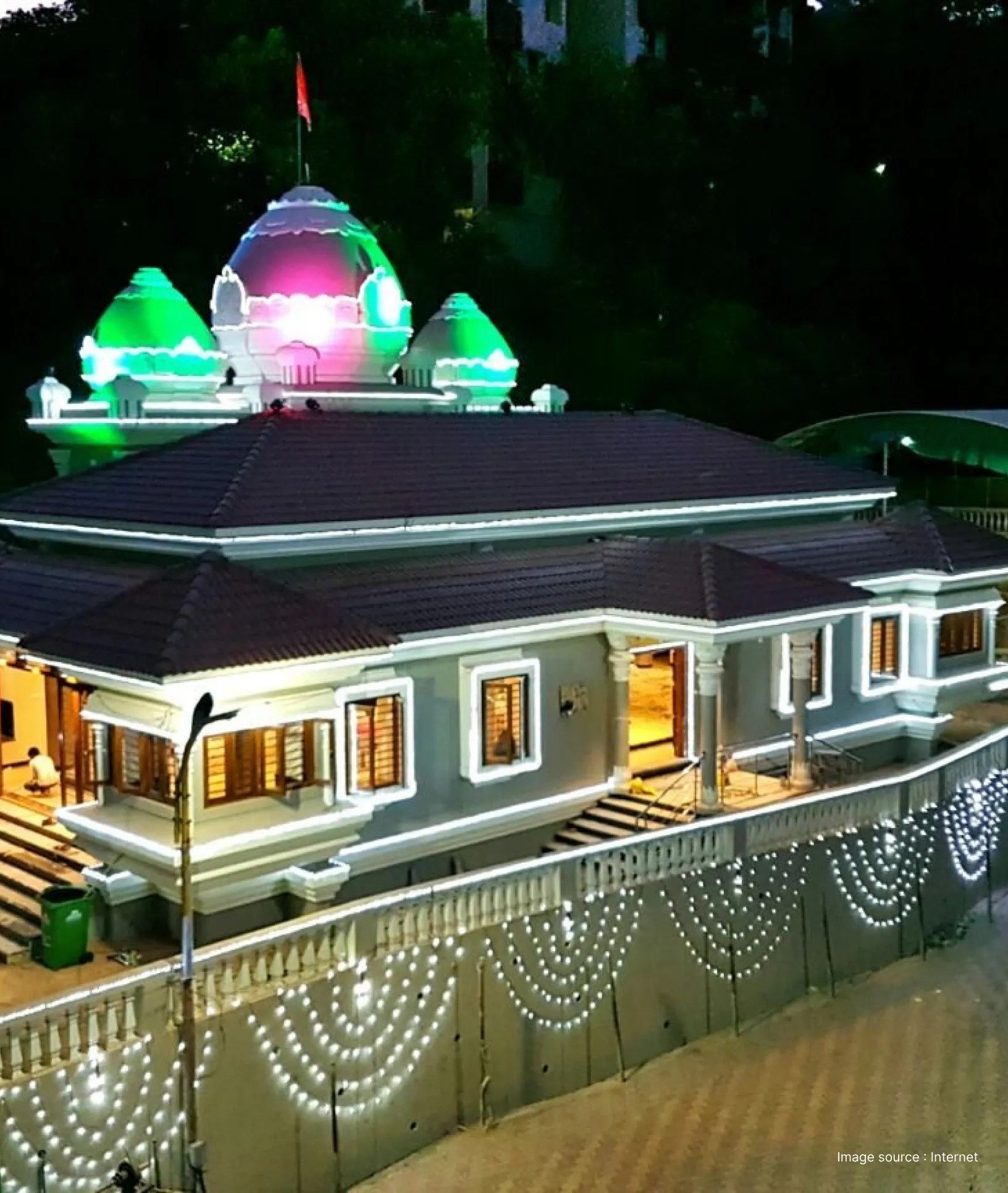 Shree Harimandir Temple illuminated at night with decorative lights and domes glowing during a festive celebration