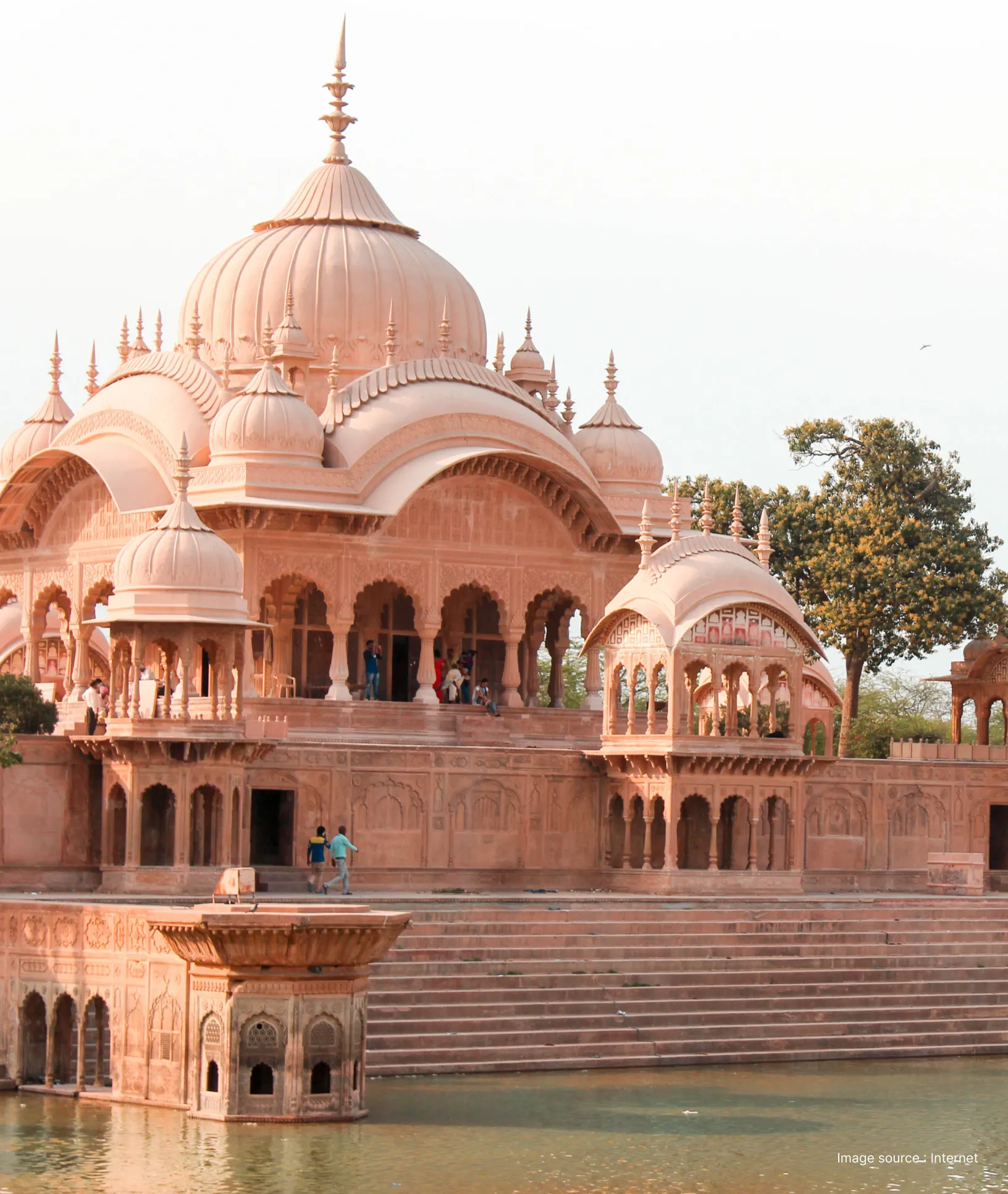 Close-up of the sandstone chhatris and ornate domes at Kusum Sarovar near Govardhan Hill.