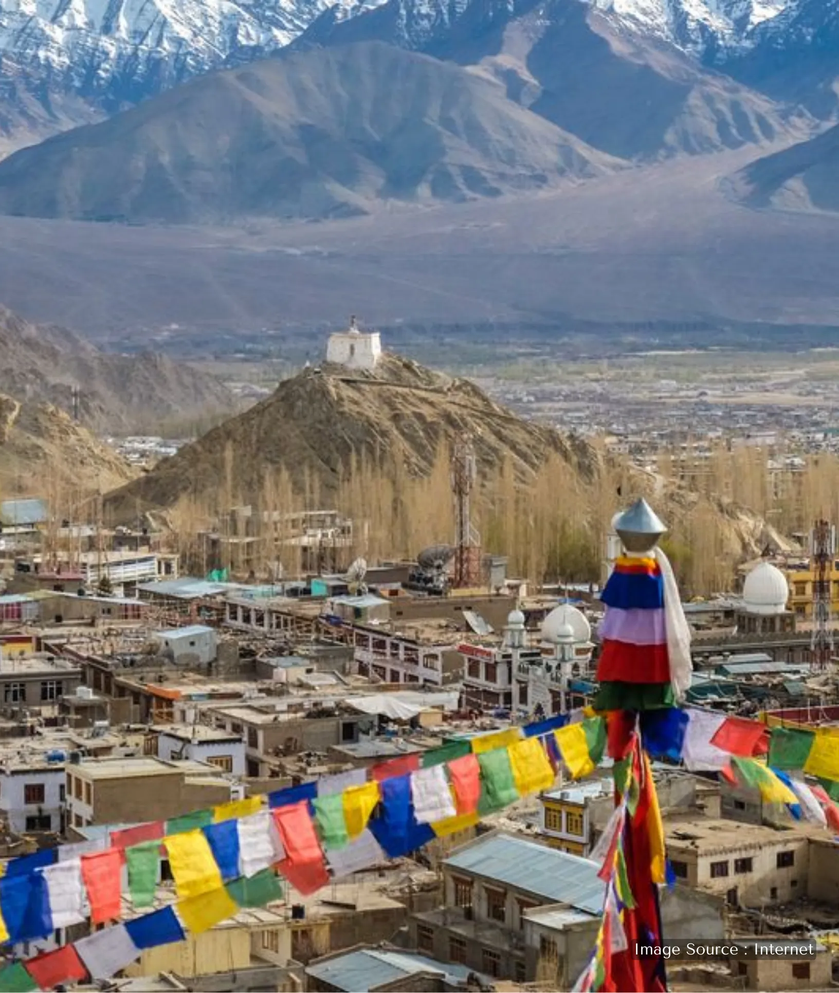 Picturesque landscape view of the Leh valley featuring traditional Ladakhi houses and rugged mountain terrain.