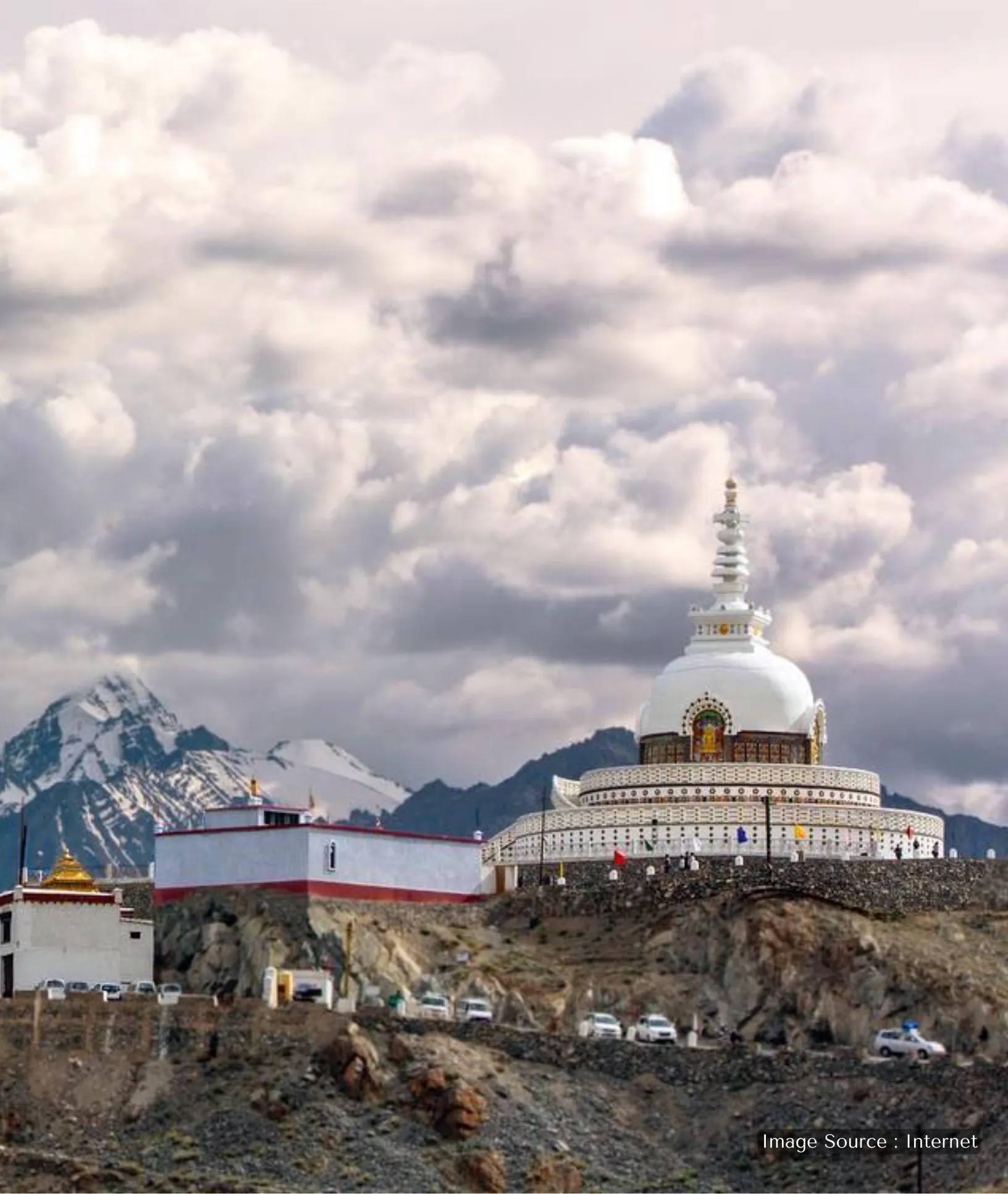 The white-domed Shanti Stupa in Leh at sunset, a famous Buddhist monument in Ladakh, India.