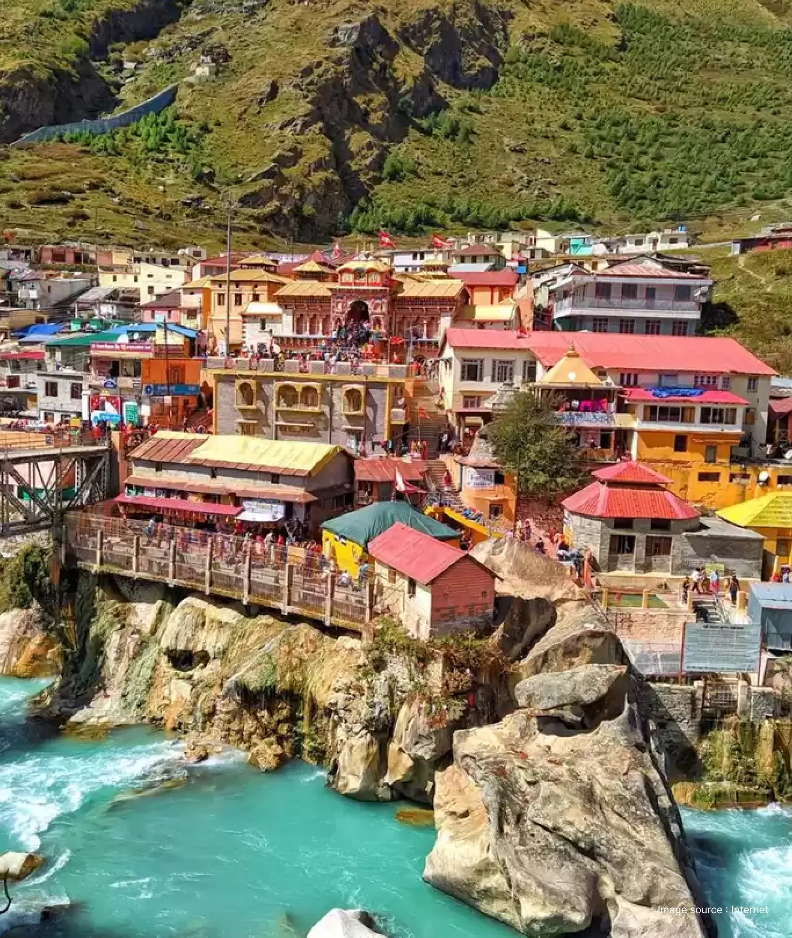 Badrinath town and temple complex perched along the Alaknanda River in Uttarakhand, surrounded by rugged Himalayan mountains and colorful buildings