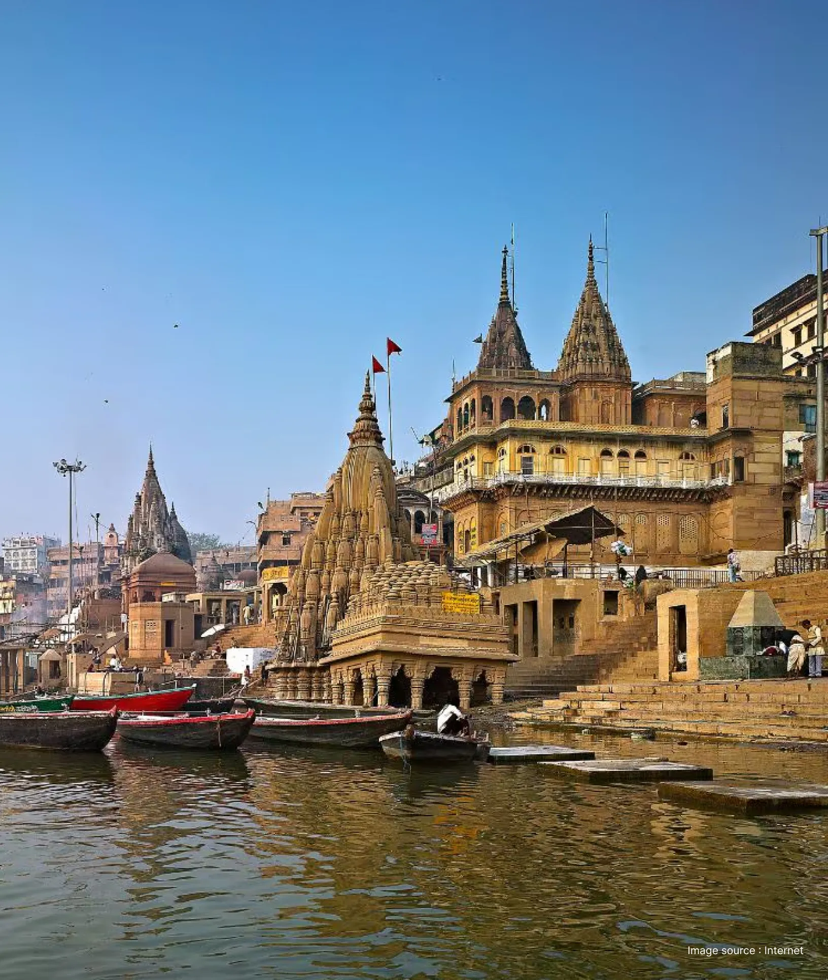 view of Varanasi ghats with boats carrying devotees