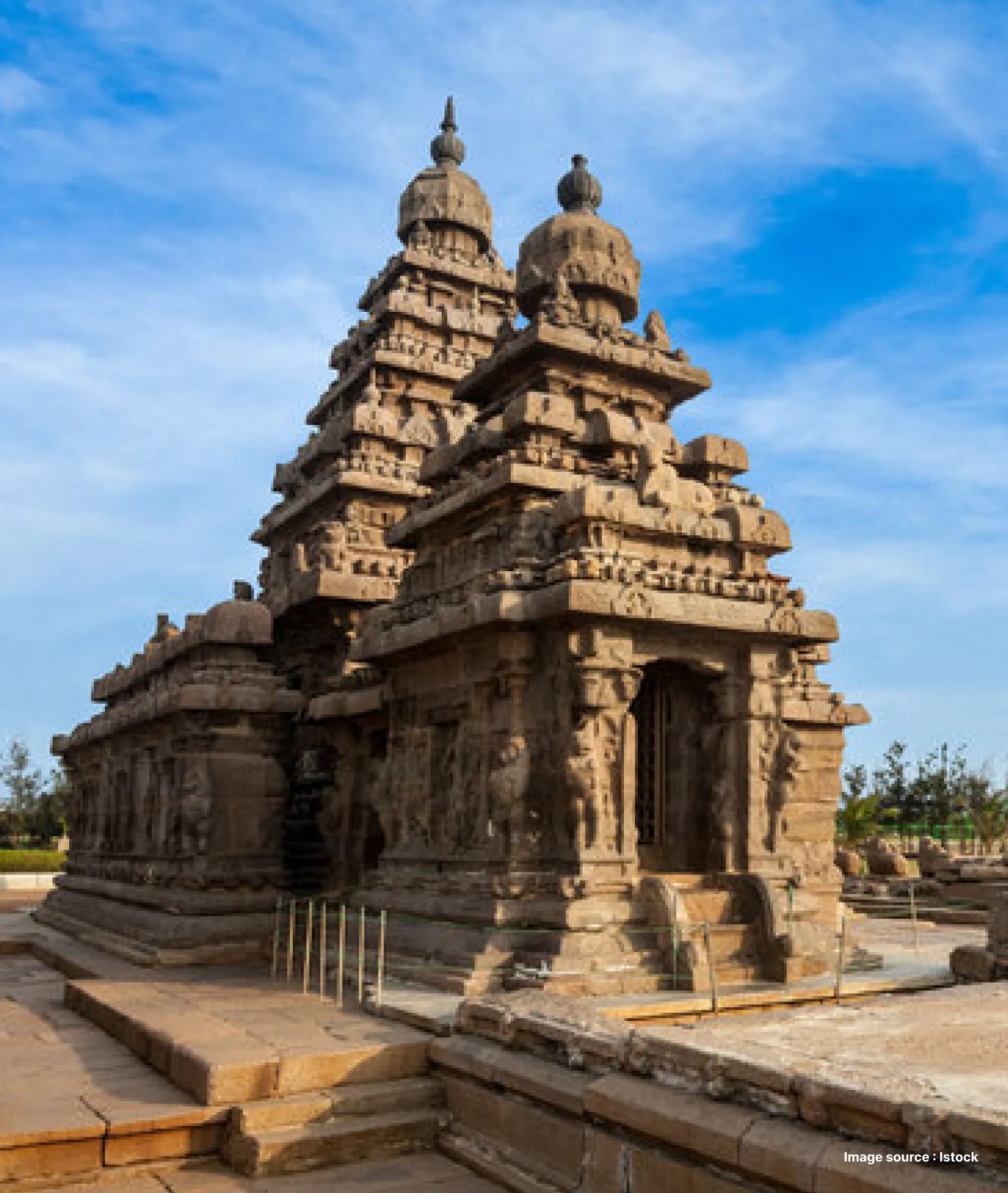 A close view of the beautifully carved Shore Temple in Tamil Nadu