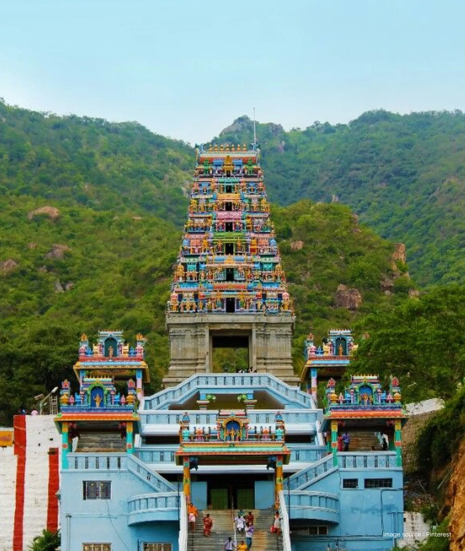 A distant view of the brightly coloured Marudhamalai Murugan Temple in Tamil Nadu