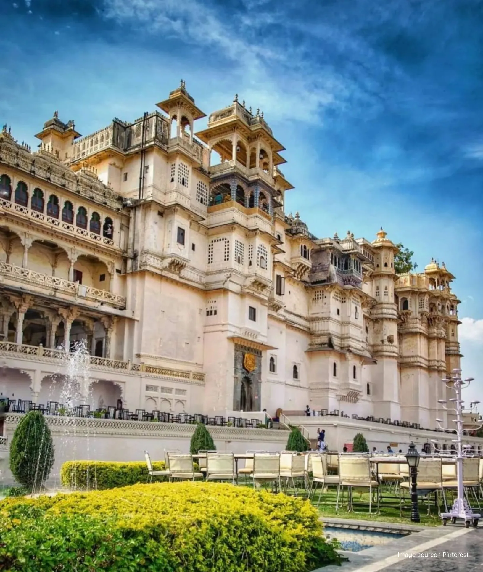 side angled view of the centuries old city palace complex with gardens visible