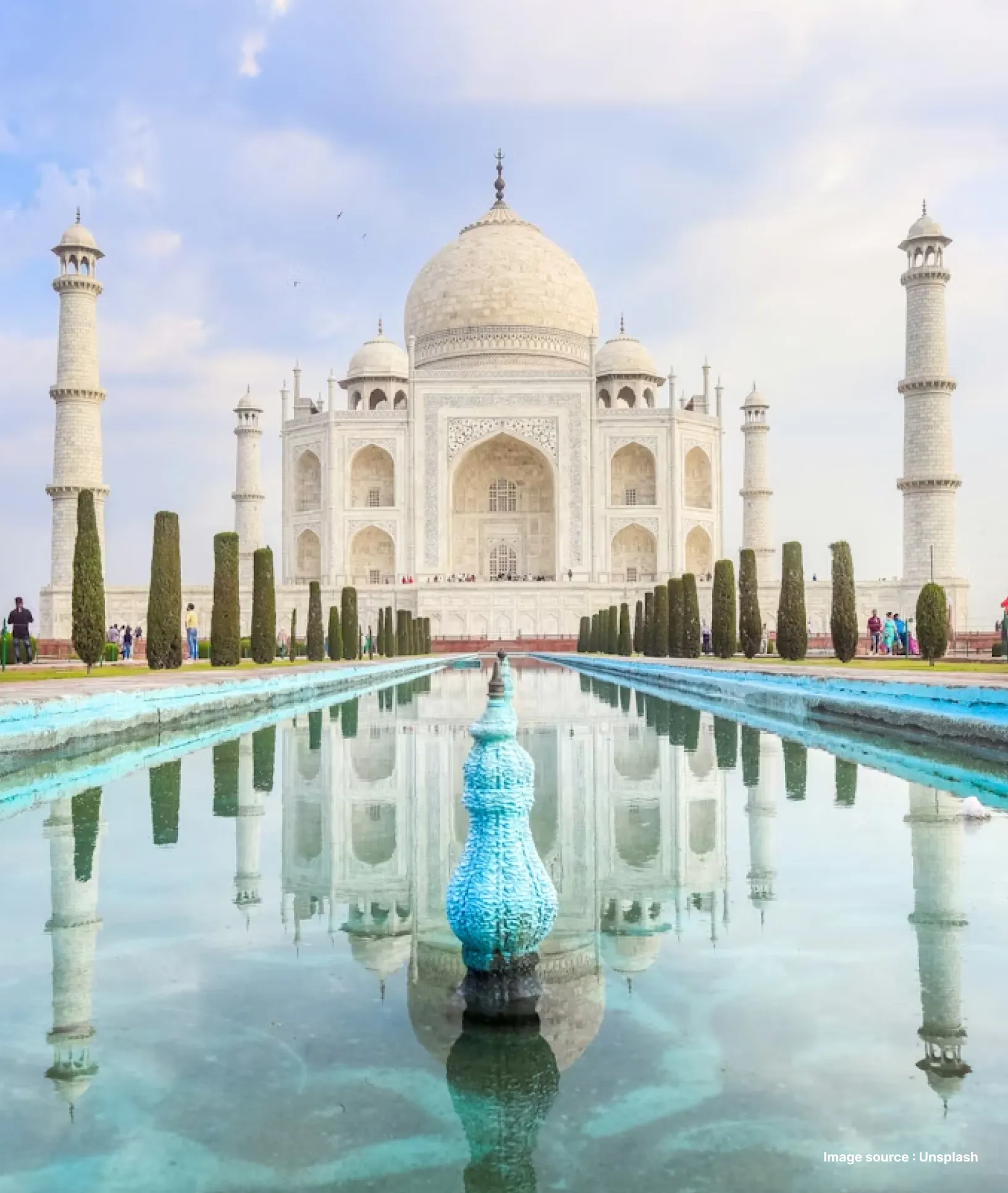 a front view of the taj mahal during daytime, shot from its water stream