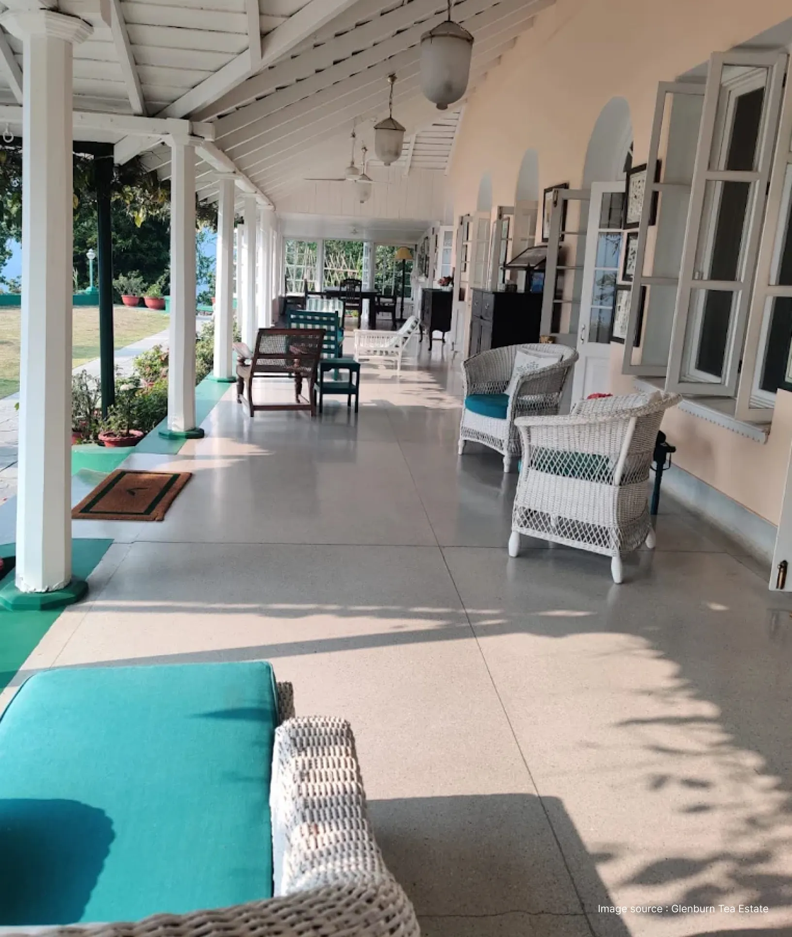 corridor with colorful seating at the glenburn tea estate