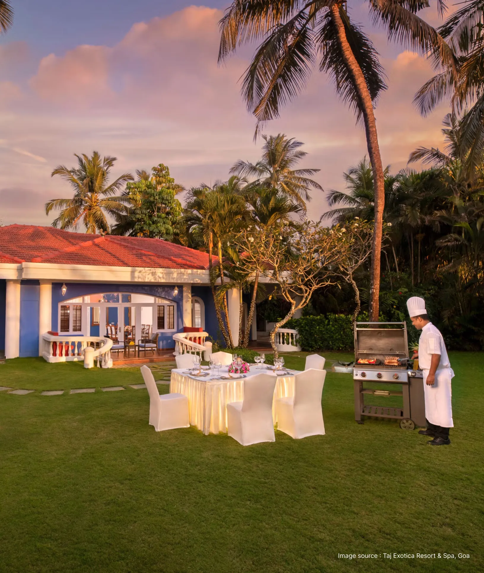 garden with seating area for a private gourmet dinner with a chef preparing food on a grill at sunset