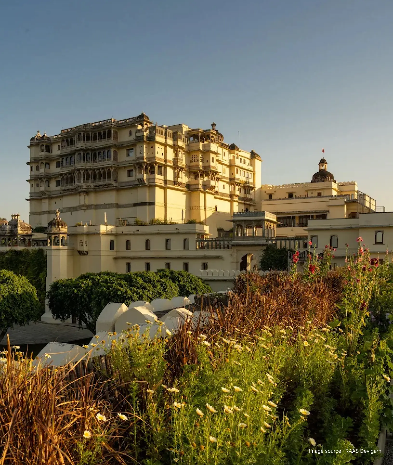 devigarh fort with flowering plants in view at sunset