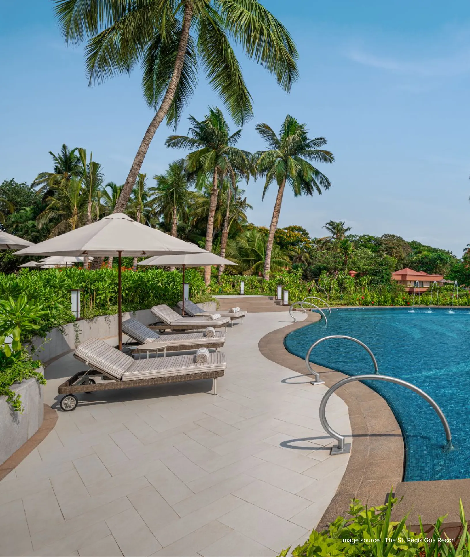 pool side view with lounge chairs and an umbrella and palm trees around at the st. regis resort in goa