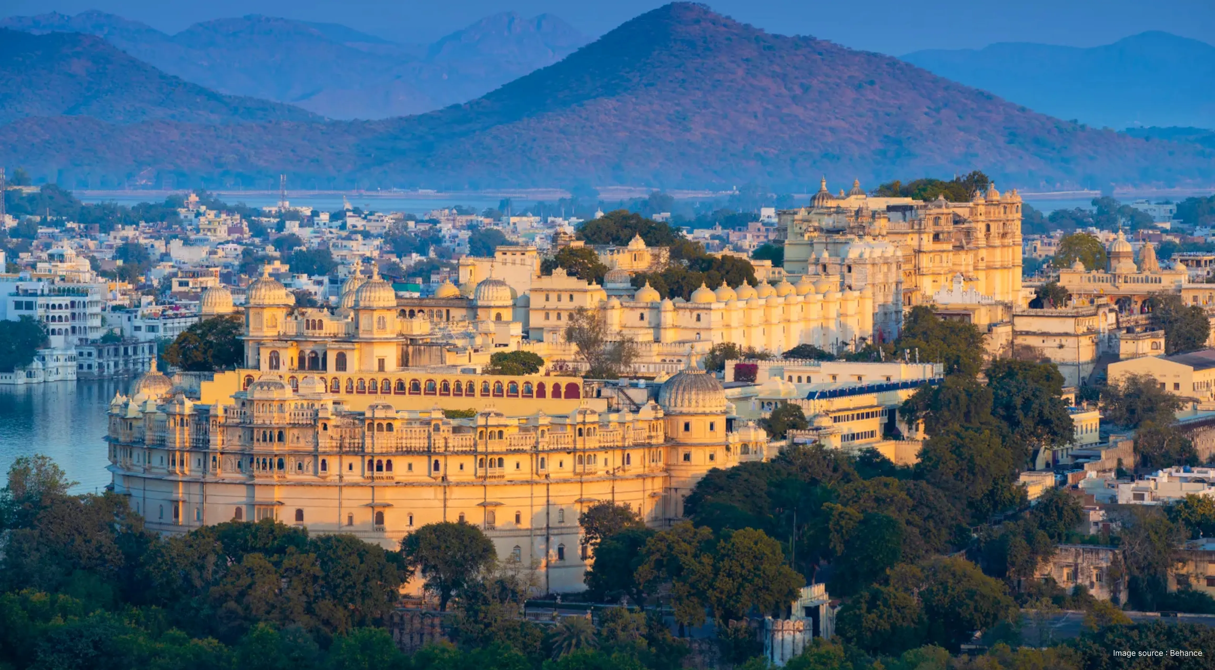 Aerial view of the City Palace in Udaipur, Rajasthan, taken during a luxury helicopter tour over Lake Pichola.