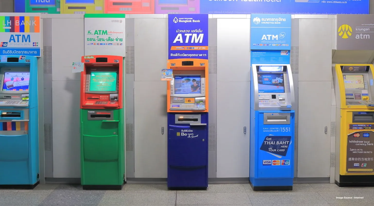 A line of colourful local ATMs in Thailand made for foreign exchange