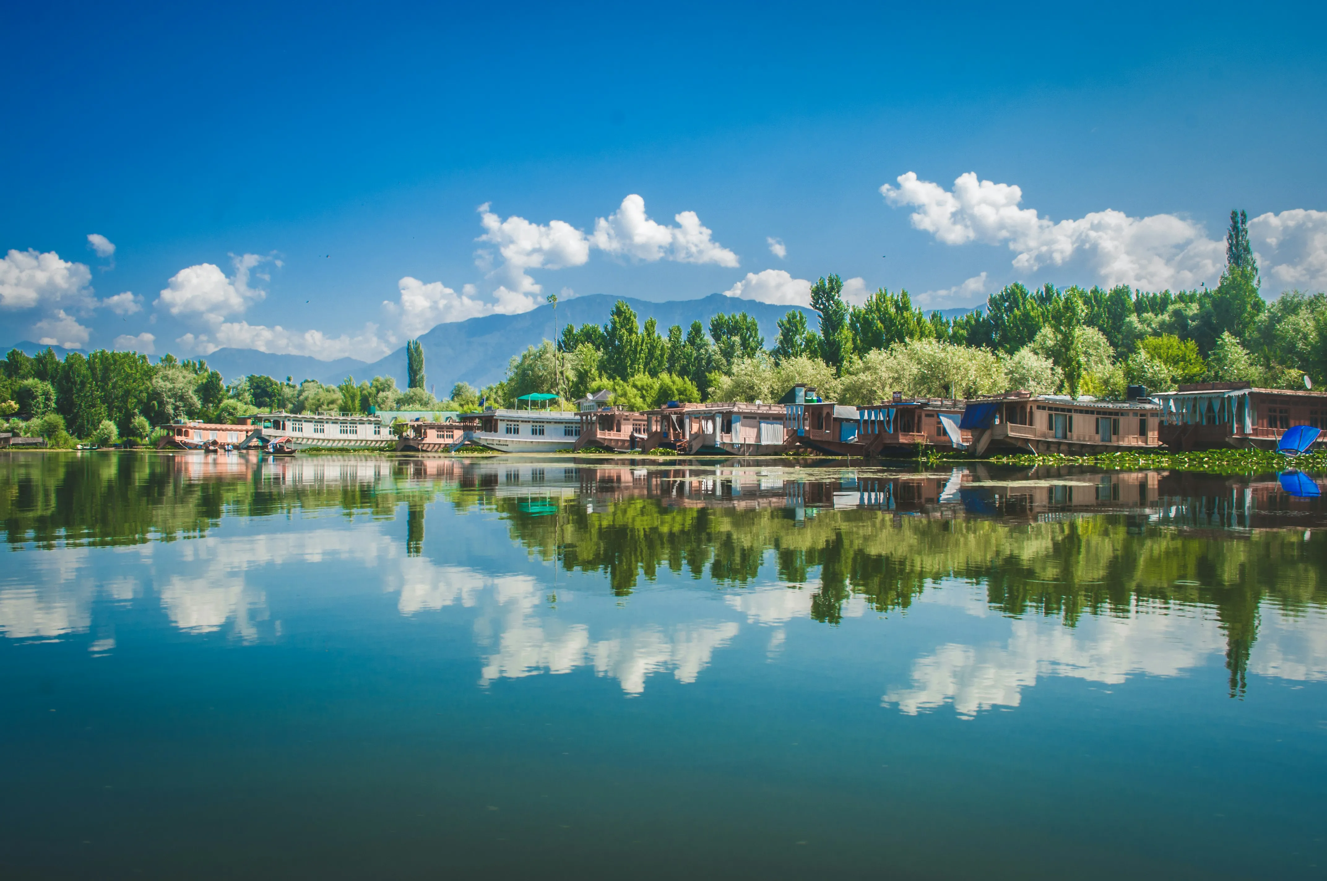 traditional houseboats at the lake shore with lush green mountains in the backdrop