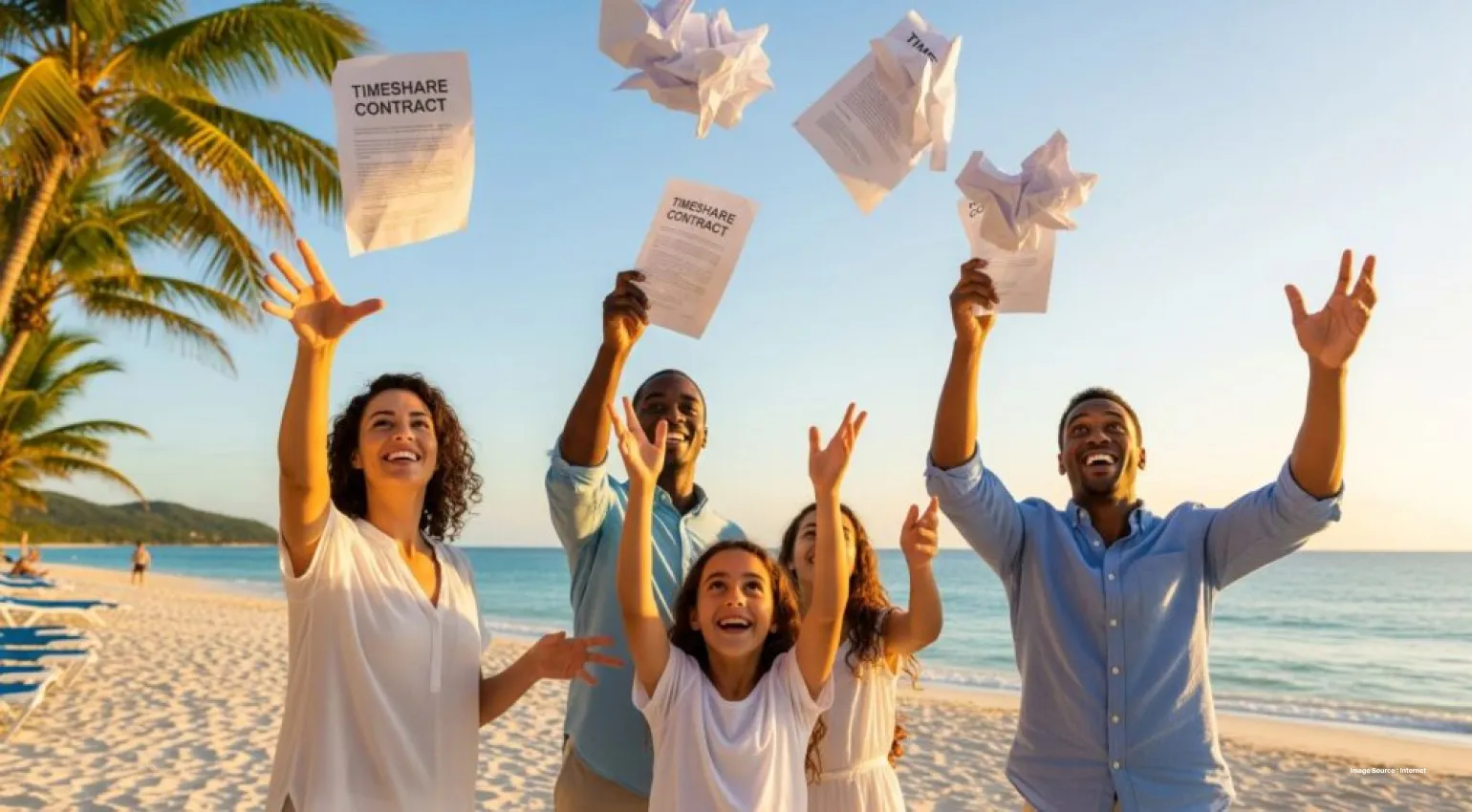 A family of five throwing contracts in the air on a beach with palm trees on a sunny day
