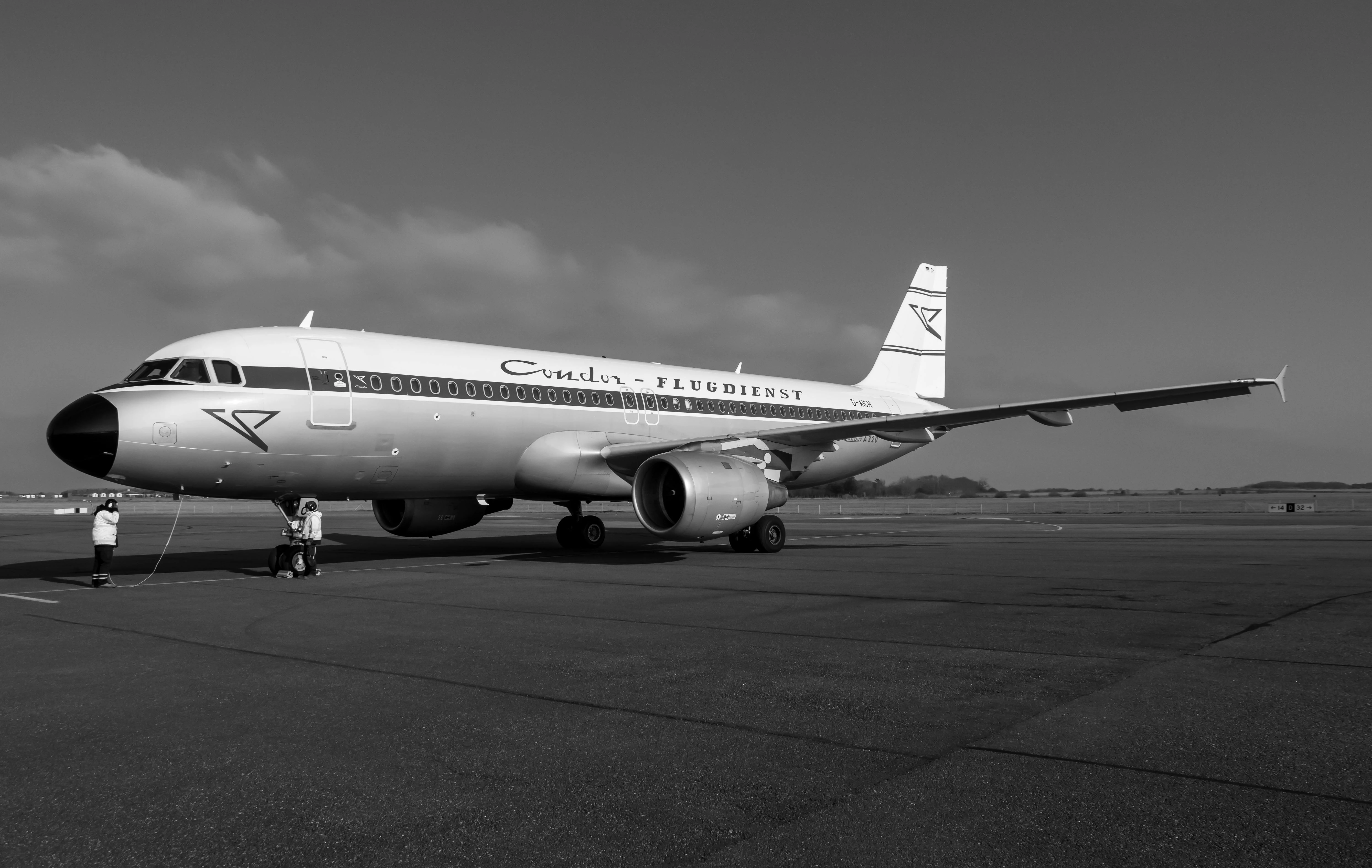 black and white image of a Condor airlines plane standing on the runway