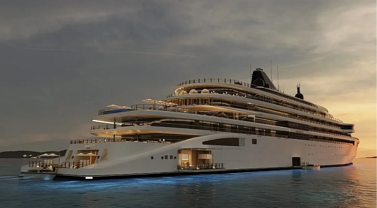 a 3-storey illuminating cruise ship on the ocean in the evening