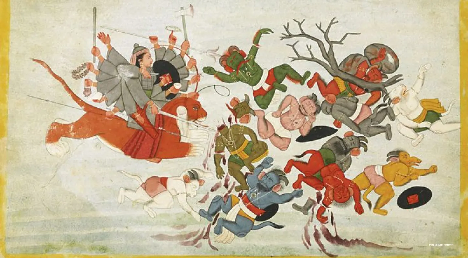 an indian sacred text illustration showing a fight between mystical beings and demons