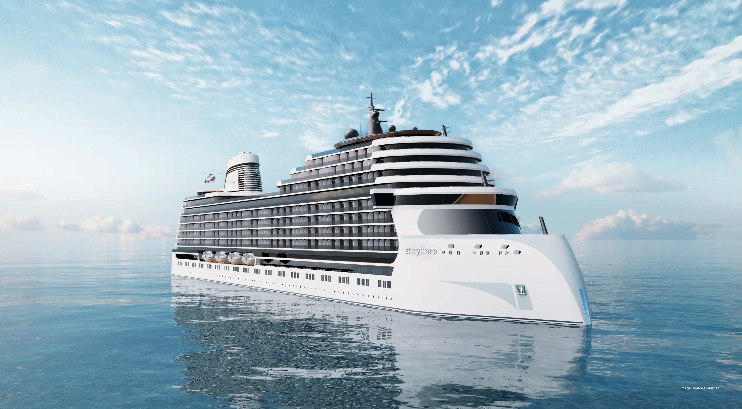 a large white cruise ship with many stories by storyline company cruising on water on a clear sunny day