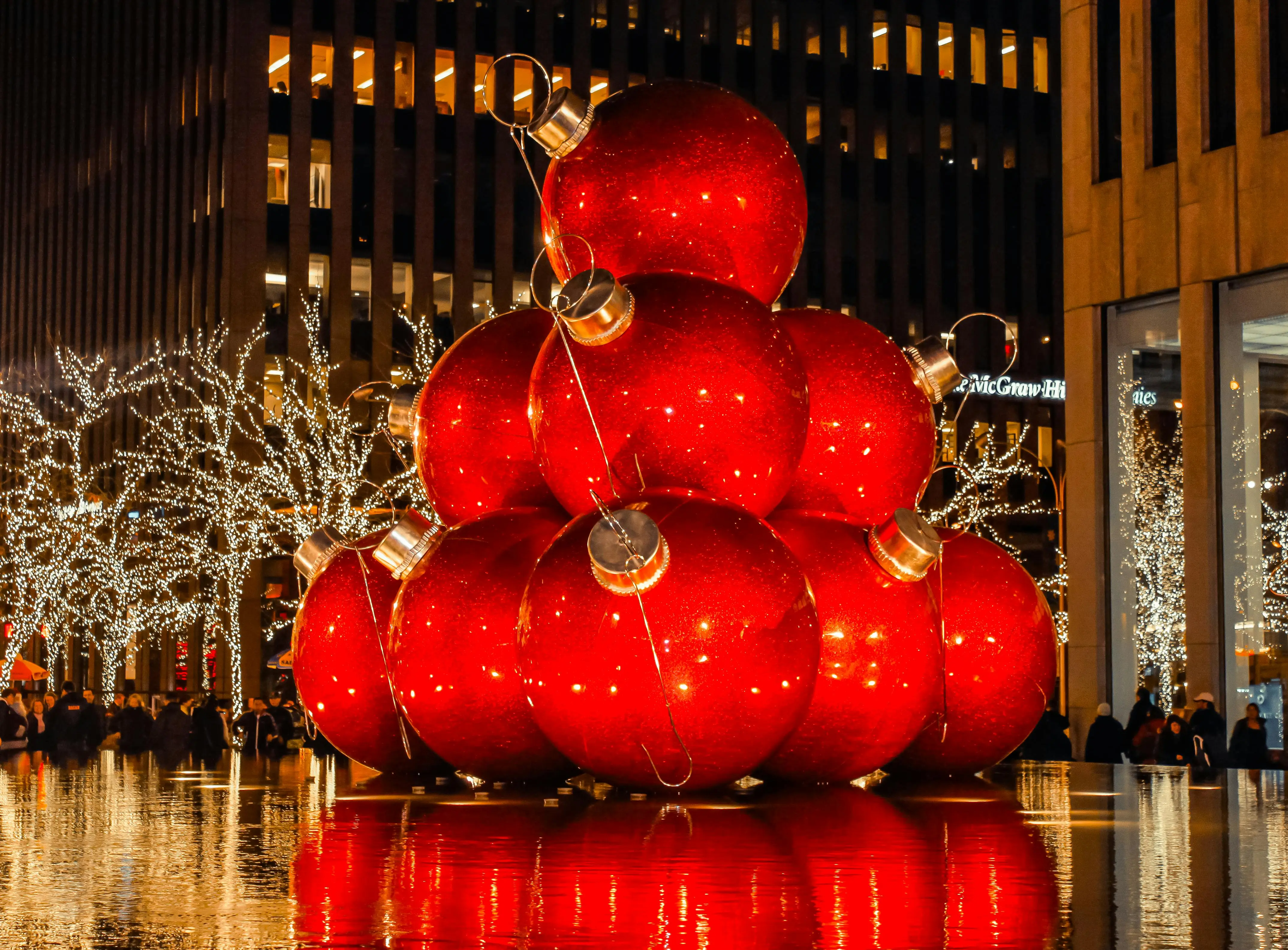big red christmas tree ornaments set up for decoration