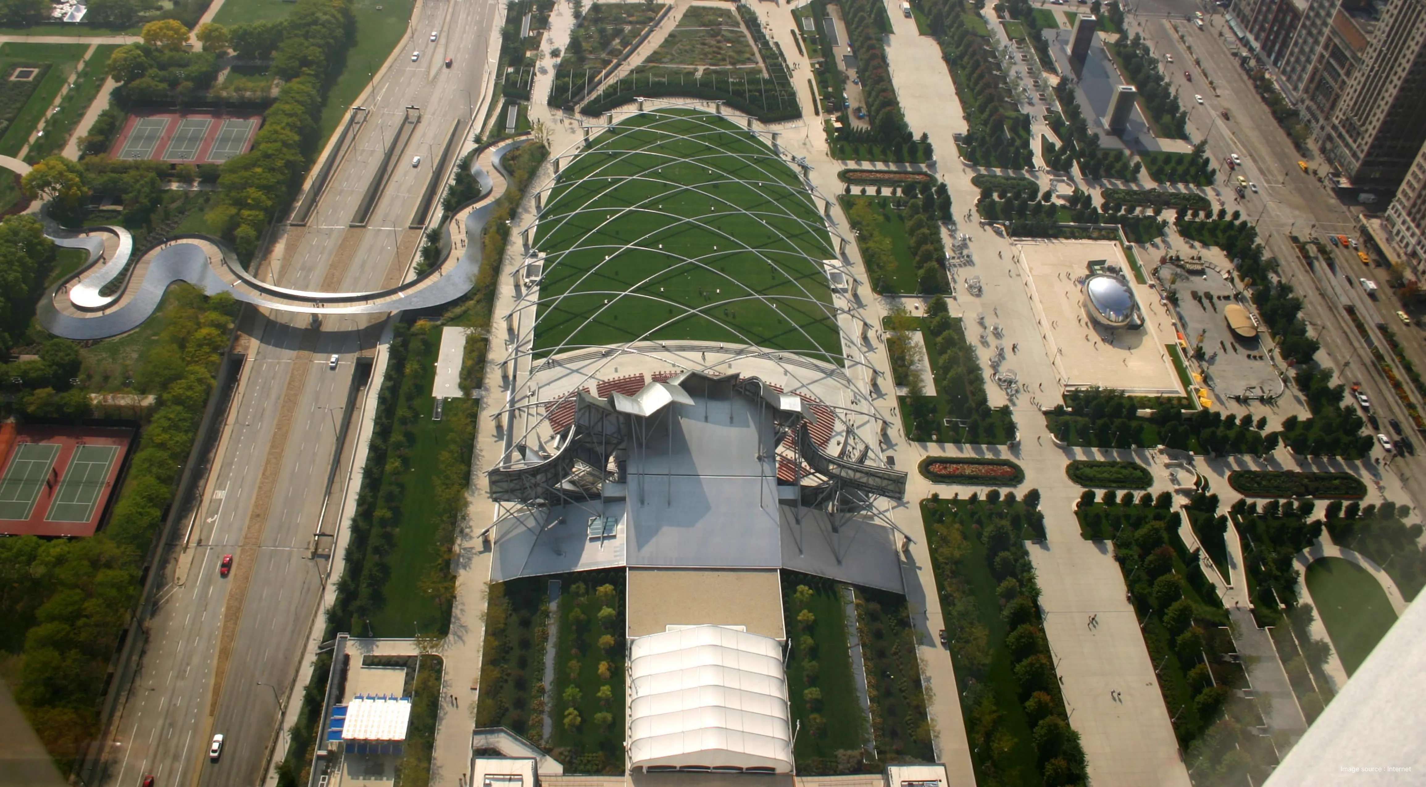 an aerial view of the gorgeous millenium park in chicago during the day