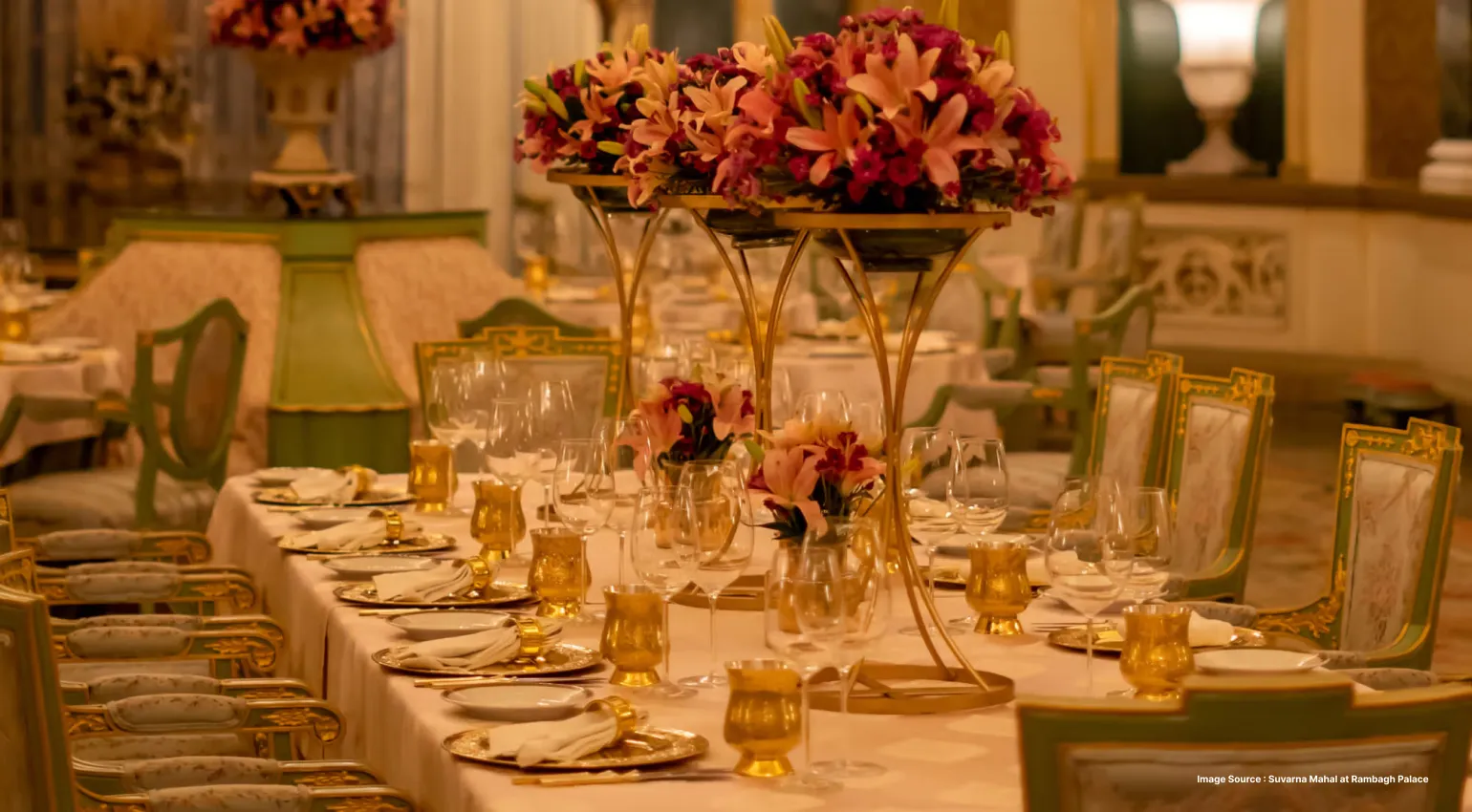 Luxurious banquet table adorned with elegant floral centerpieces
