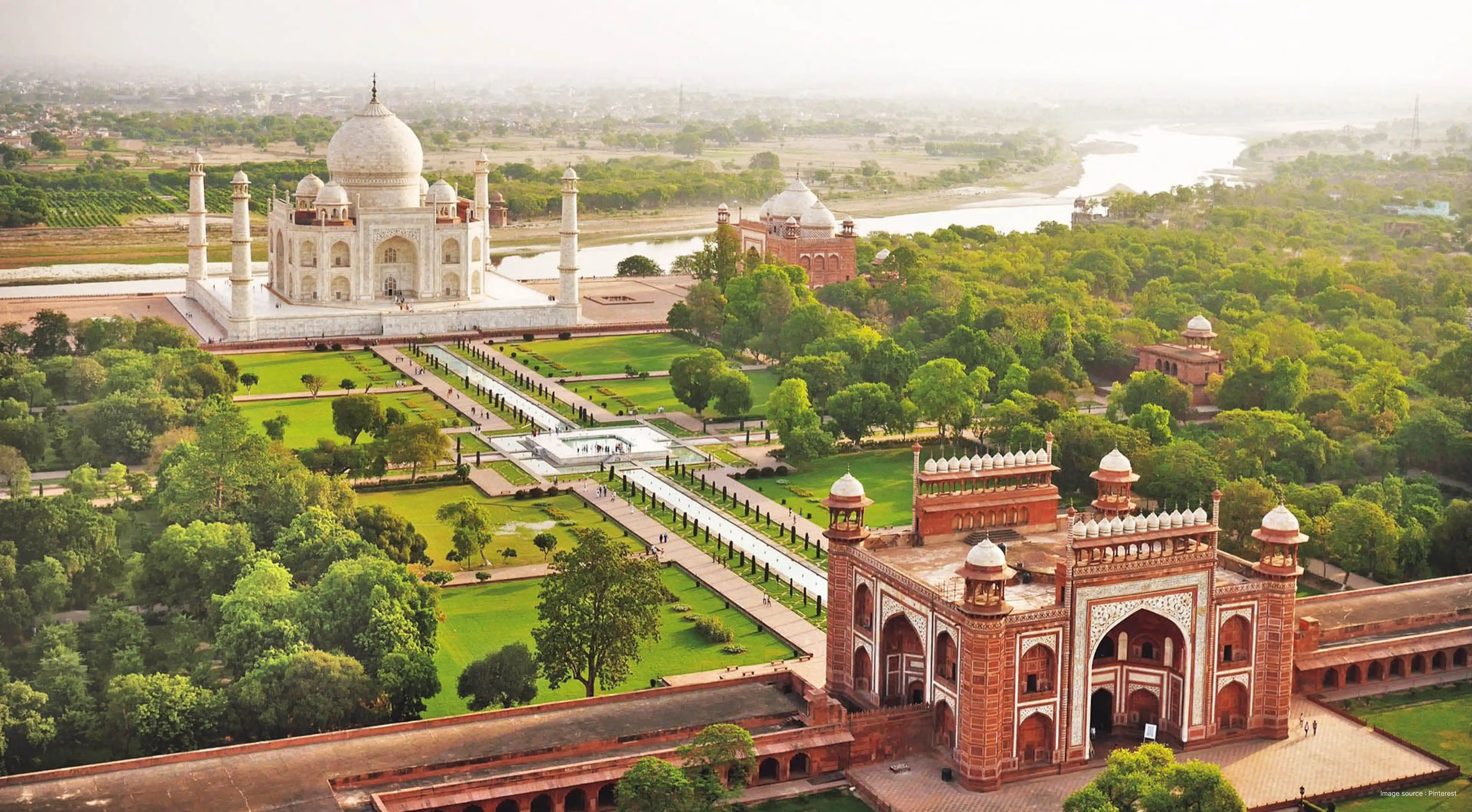 An expansive aerial view of the Taj Mahal in Agra, India
