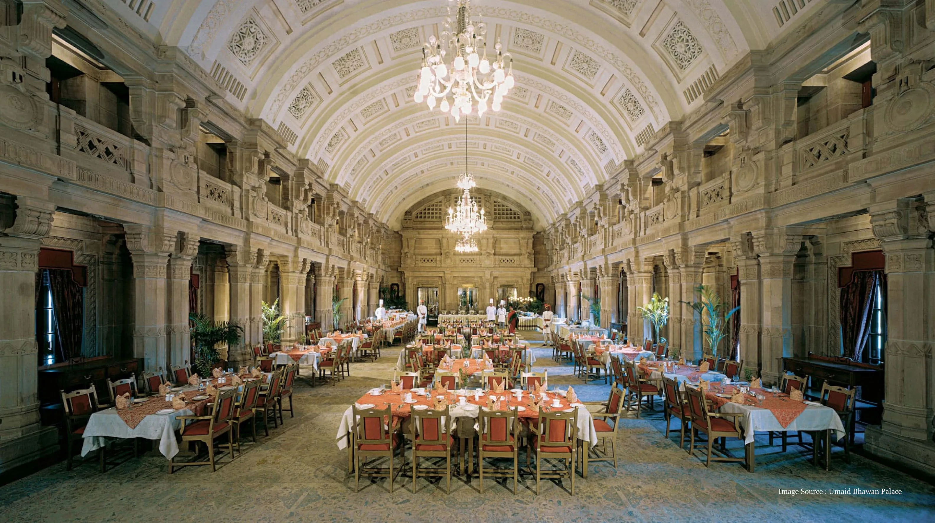 first-time-guide-luxury-india-travel: Umaid Bhawan Palace luxury dining hall in India.