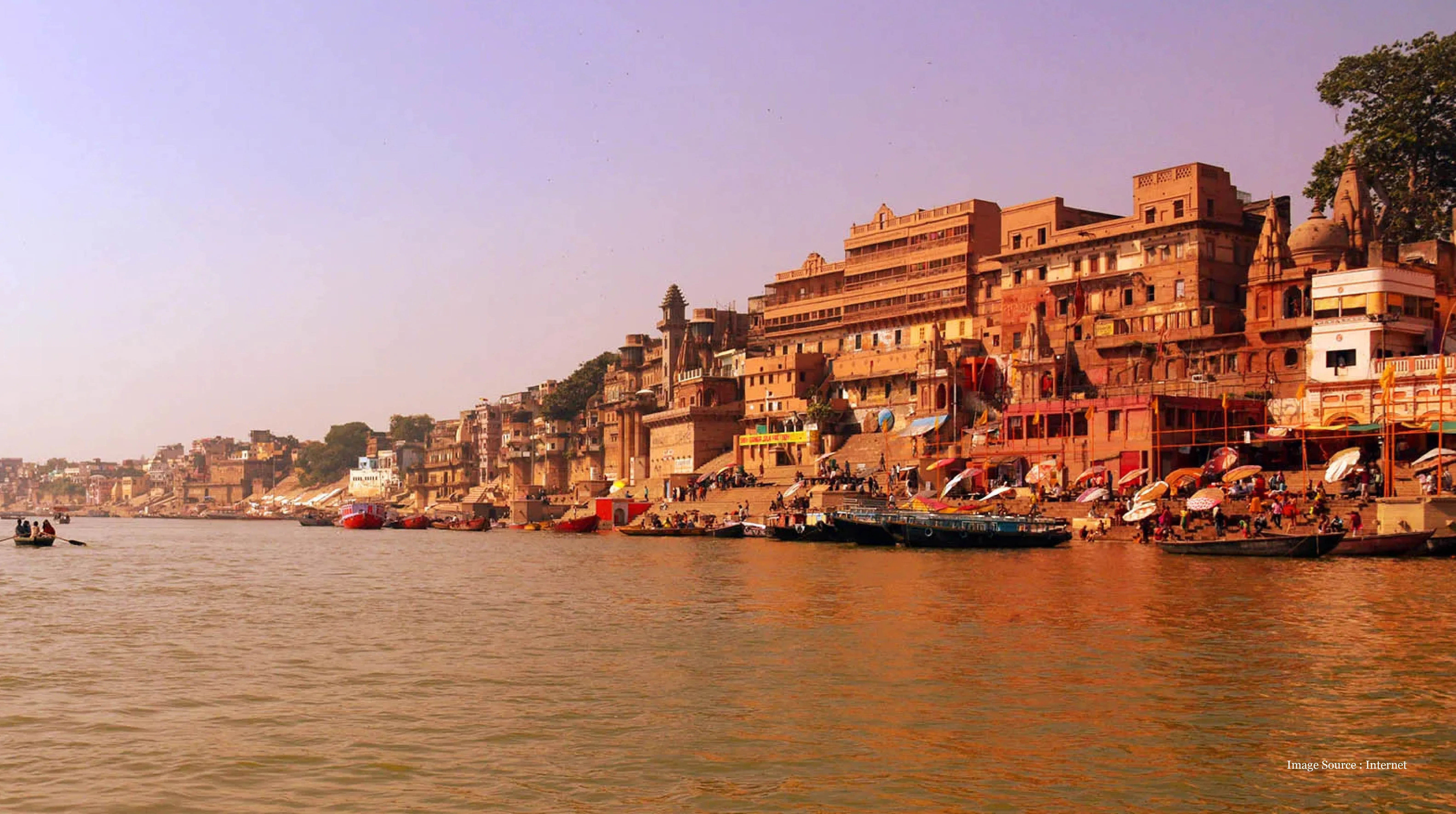 varanasi tour package: Scenic view of Varanasi ghats, boats on the Ganges, and vibrant riverside life.