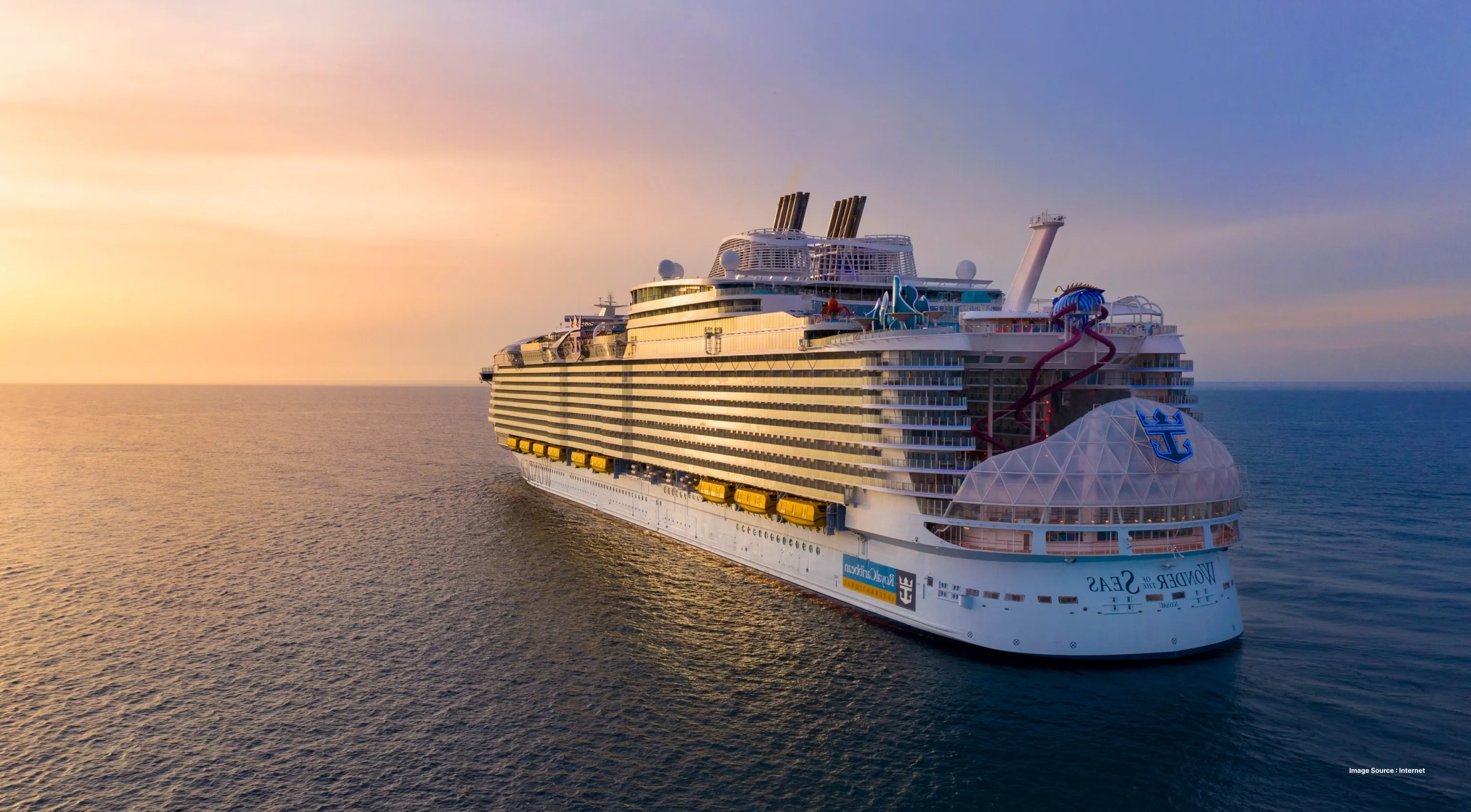 wonder of the seas cruise, a big multi leveled ship cruising during sunset