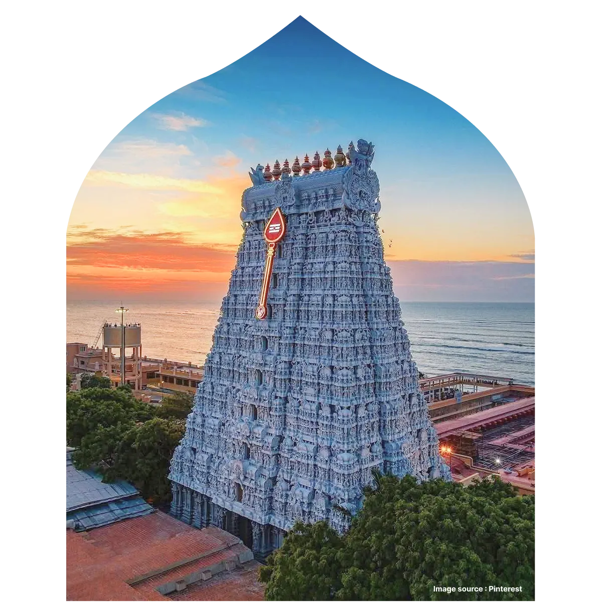 A side angled view at sunset of the magnificen intricately carved Rameswaram temple