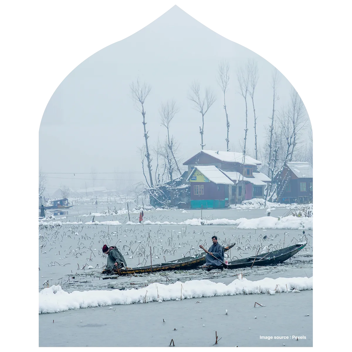 srinagar's dal lake in winter with background covered in snow with two men in a shikara boat