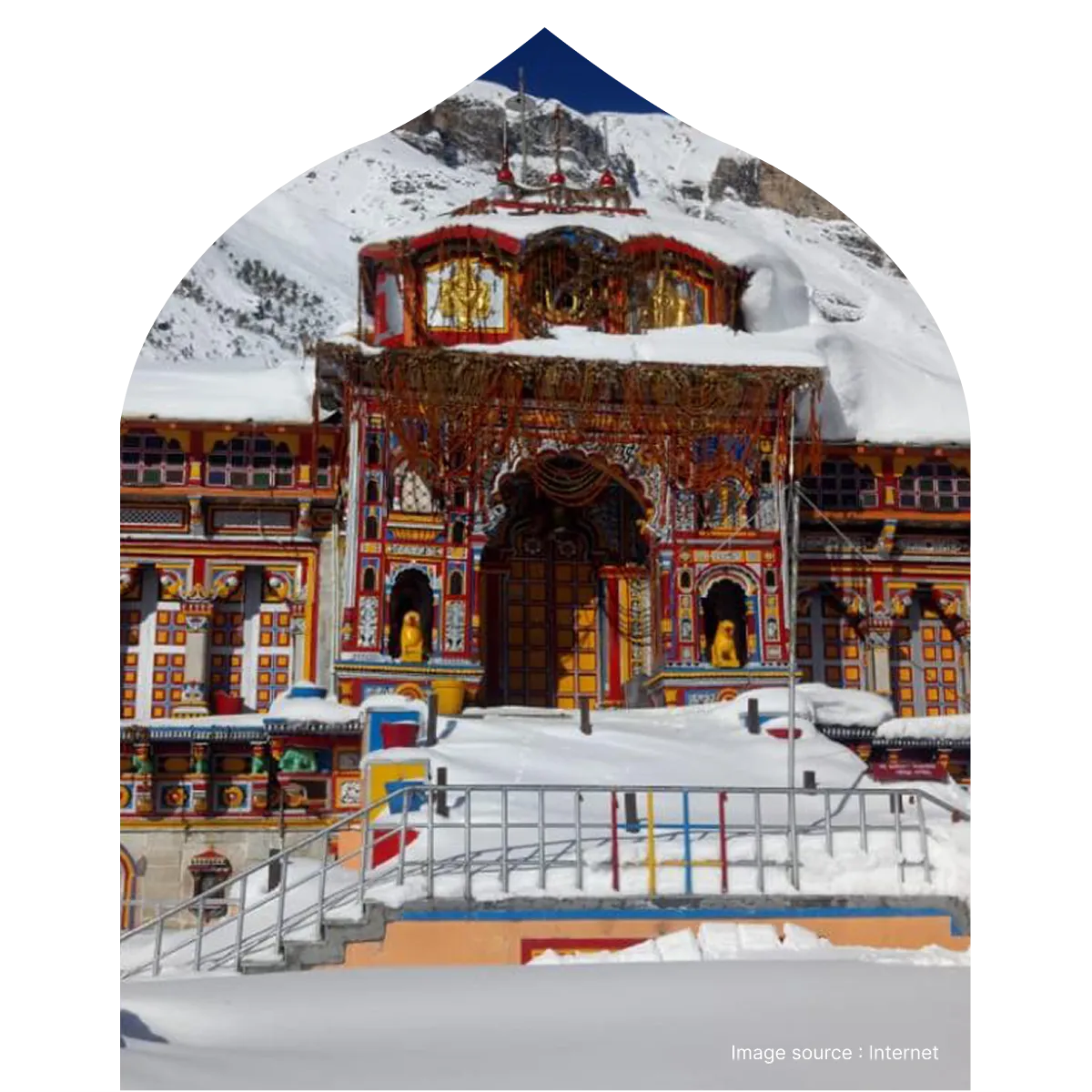 Badrinath Temple in winter covered with fresh snow, colorful façade, and Himalayan mountains in Uttarakhand