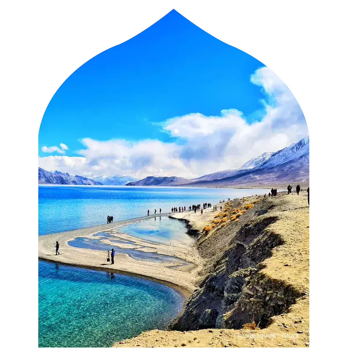 Scenic landscape of Pangong Tso Lake in Ladakh, showing the crystal clear blue water and mountain reflections.