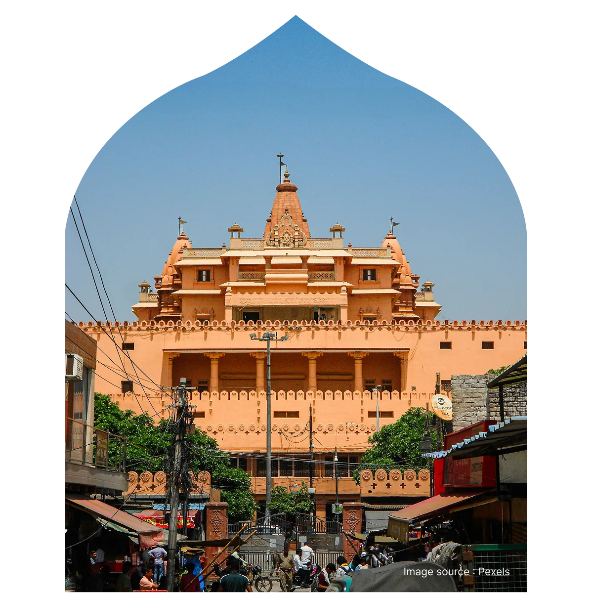 Front facade of the grand Shri Krishna Janmasthan Temple showing the main entrance and traditional Hindu temple architecture.