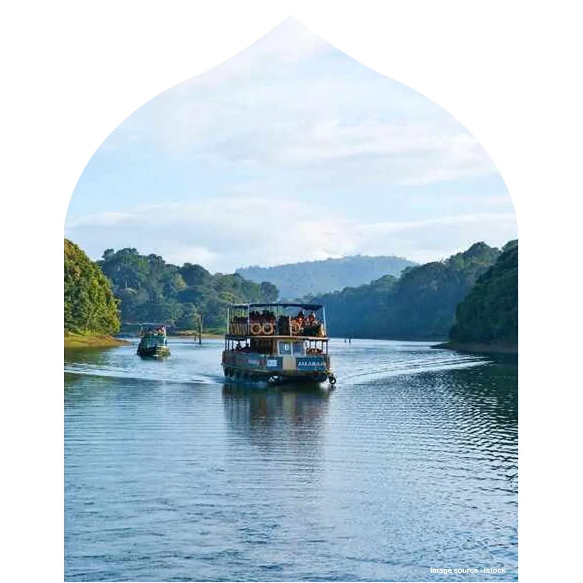 a safari boat cruising through the periyar lake surrounded by mountains