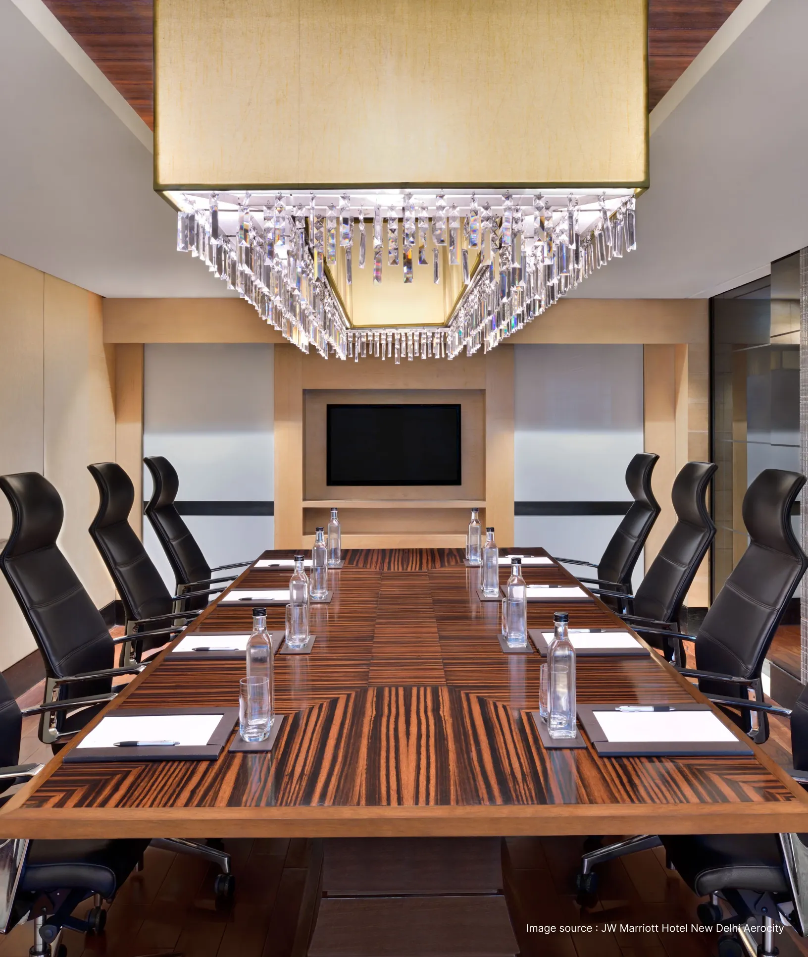 a meeting room at jw marriott with wooden table and six office chairs