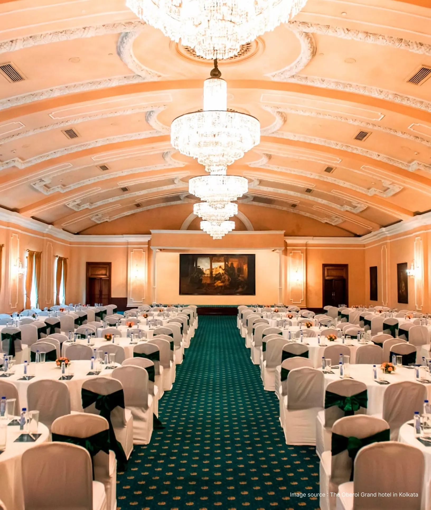 a conference room in kolkata's oberoi grand hotel with lightings and decorated chairs
