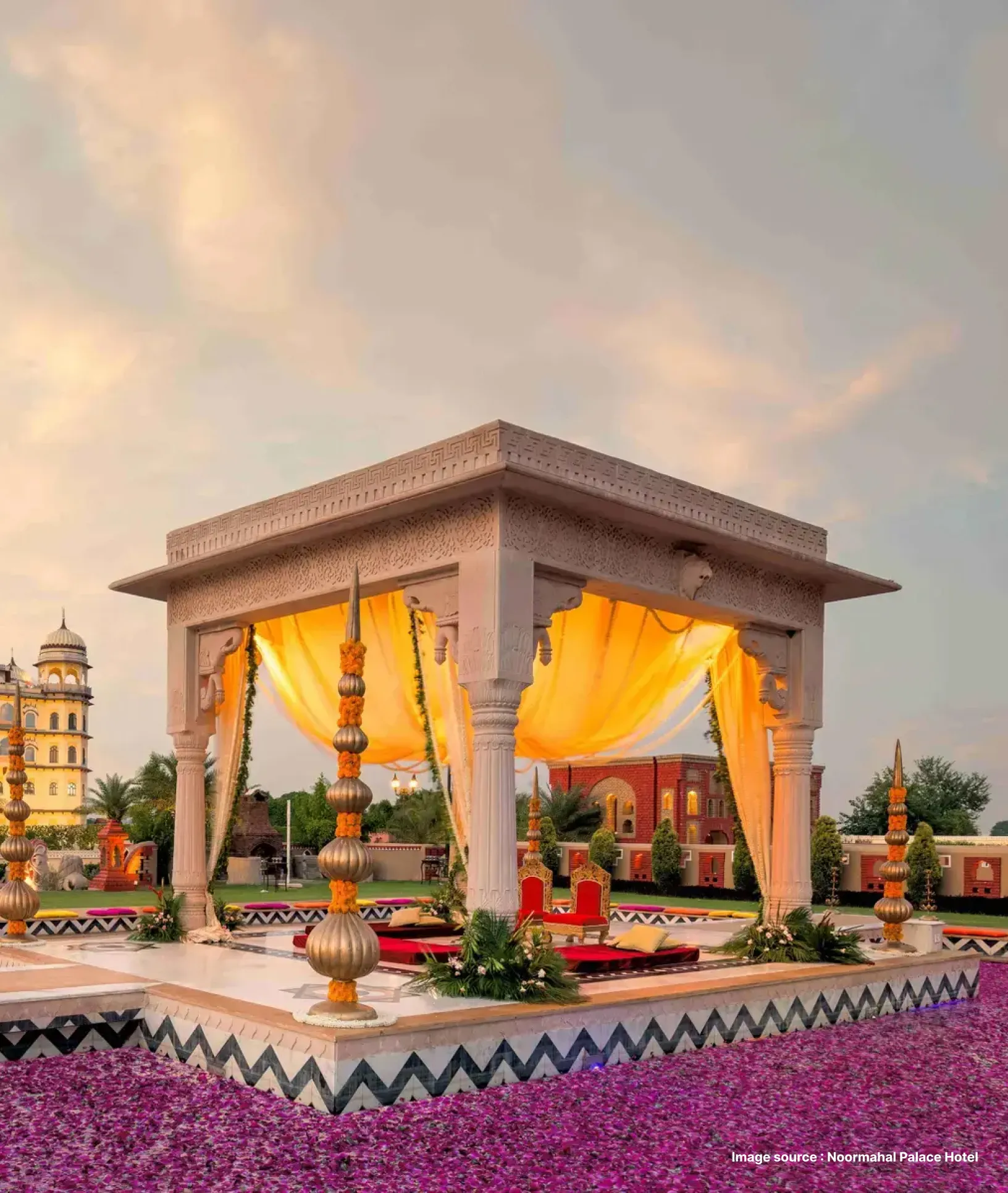 a private decorated pavilion for a special celebration at sunset