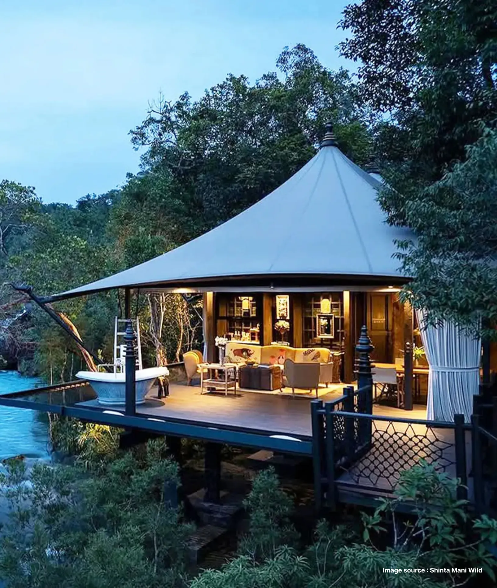 a luxury tent suite in the wild at sunset