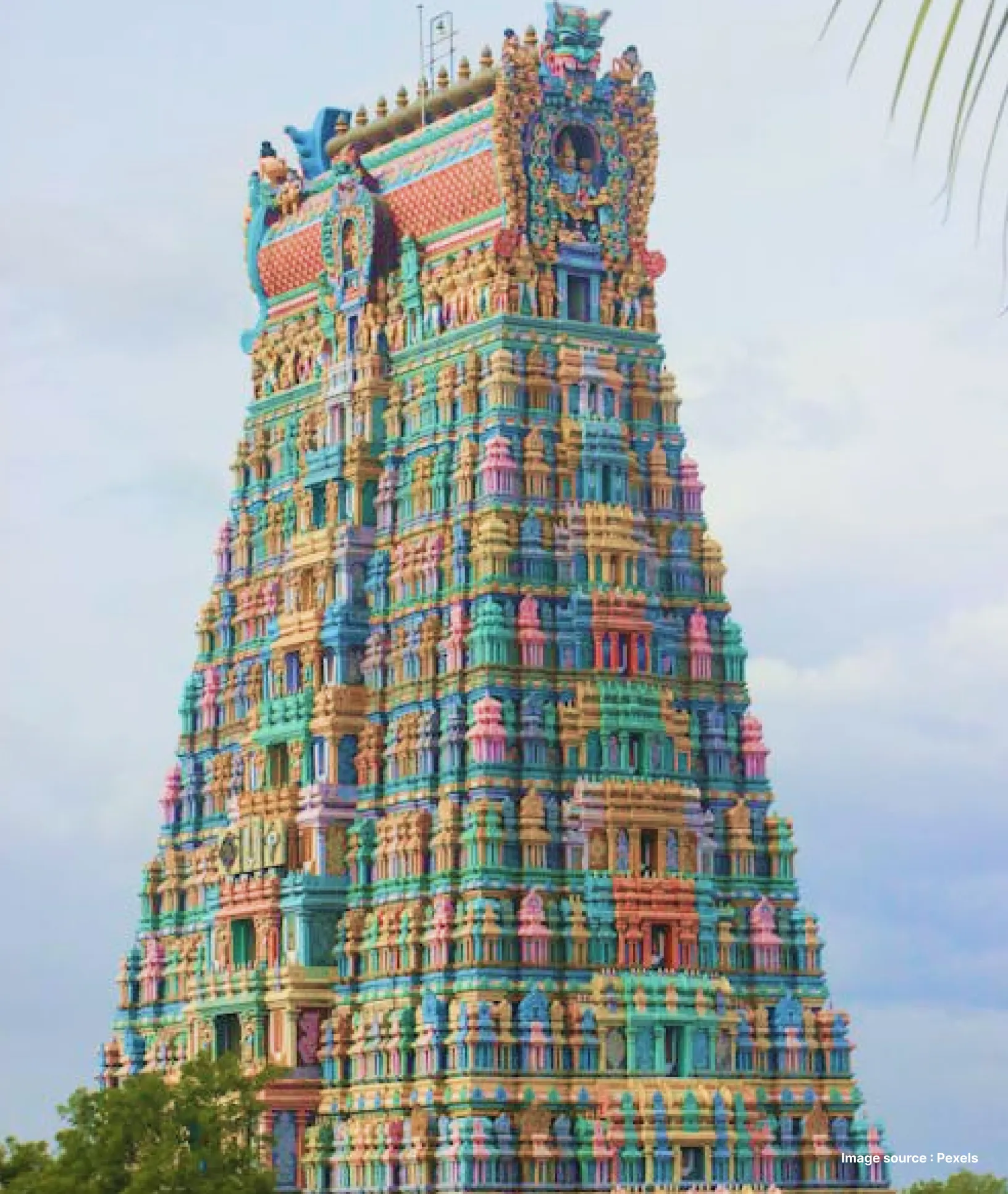 the colorful, towering gopuram of a south indian temple with intricate structures