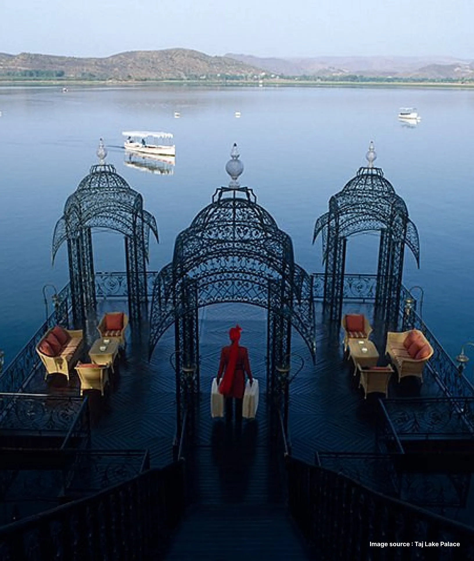 decorated pavilions for fine dining floating on lake pichola